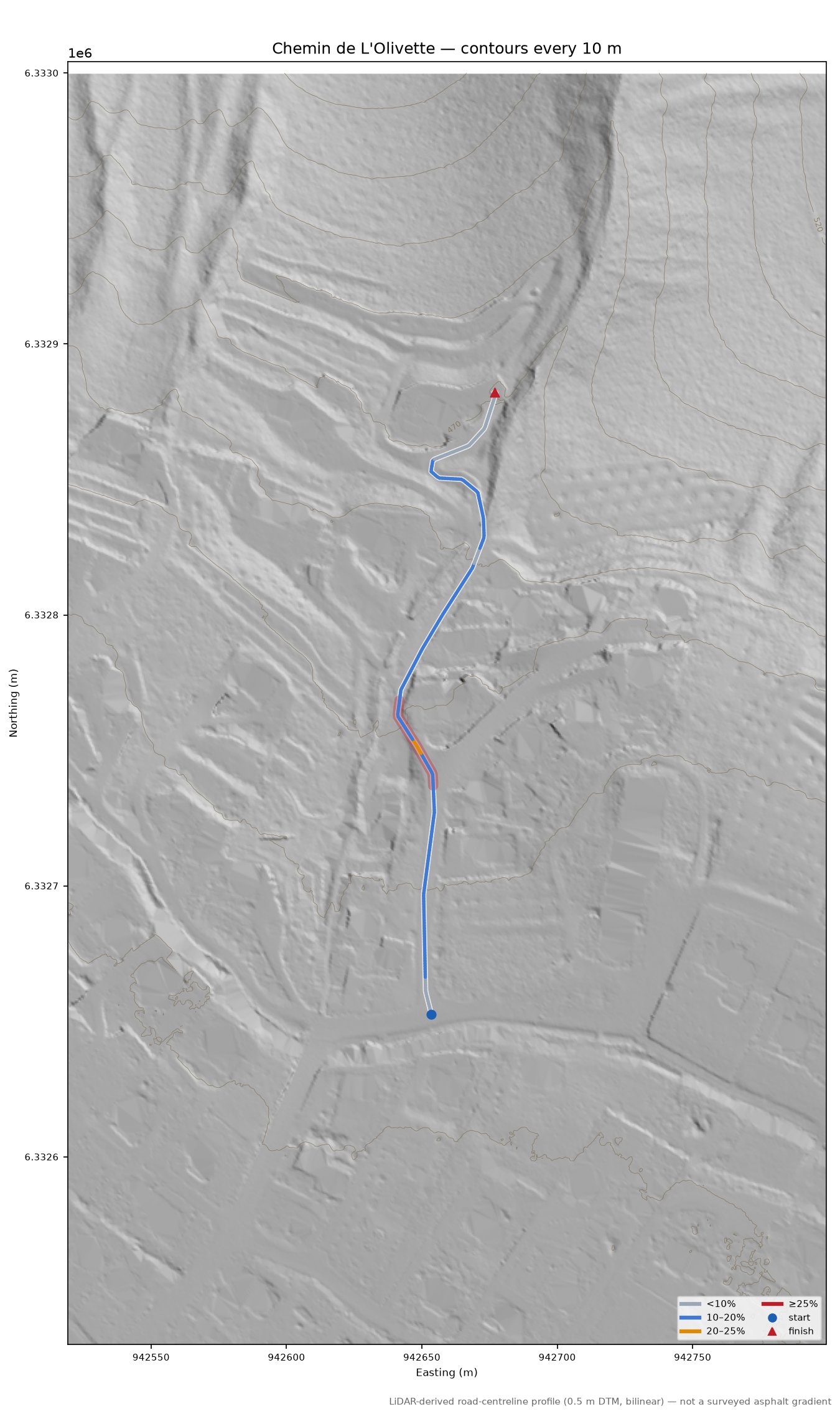 Chemin de L'Olivette LiDAR hillshade map with contours