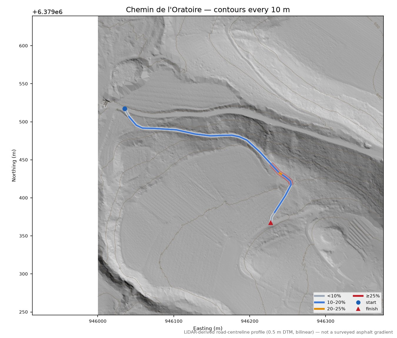 Chemin de l'Oratoire LiDAR hillshade map with contours