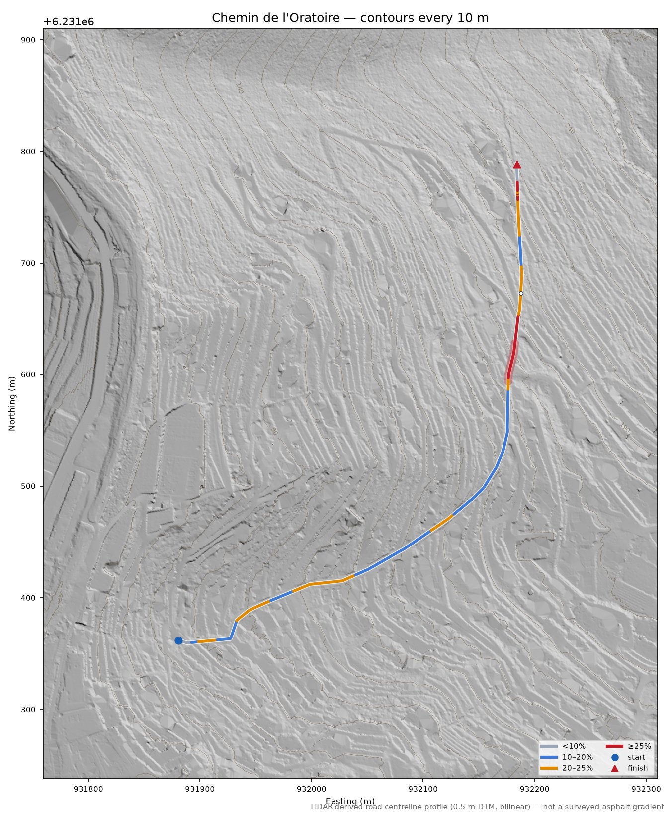 Chemin de l'Oratoire LiDAR hillshade map with contours