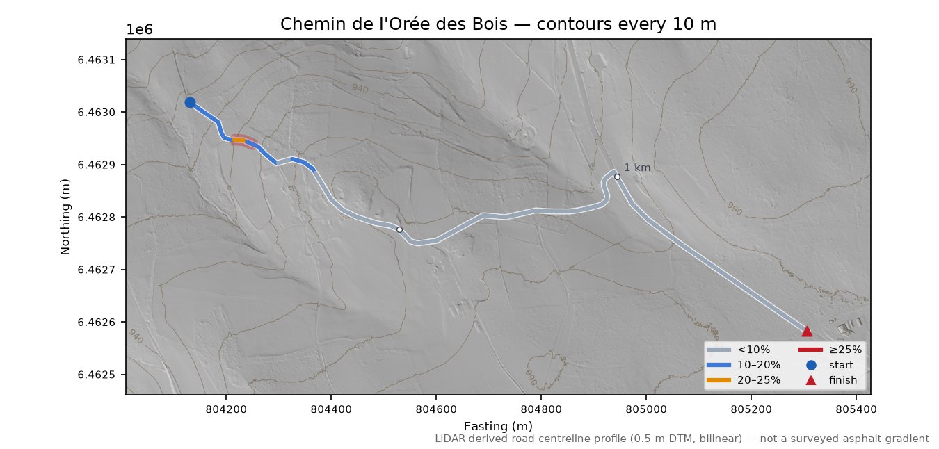 Chemin de l'Orée des Bois LiDAR hillshade map with contours