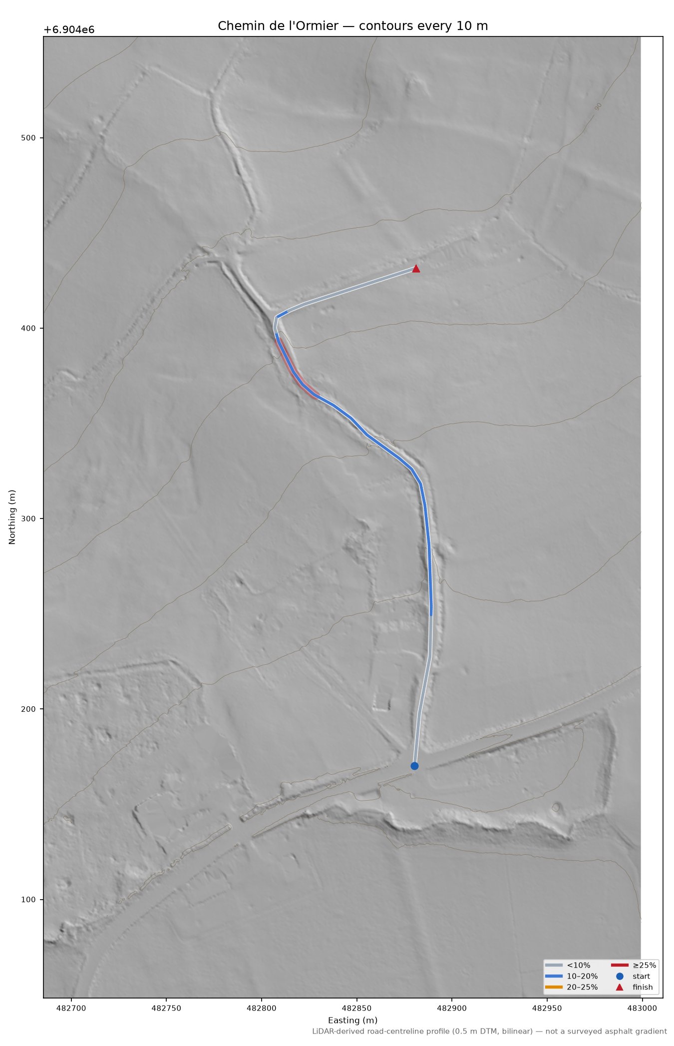 Chemin de l'Ormier LiDAR hillshade map with contours