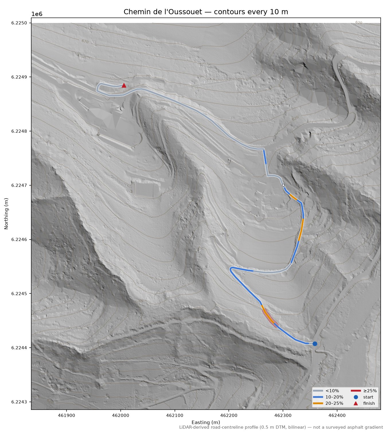 Chemin de l'Oussouet LiDAR hillshade map with contours