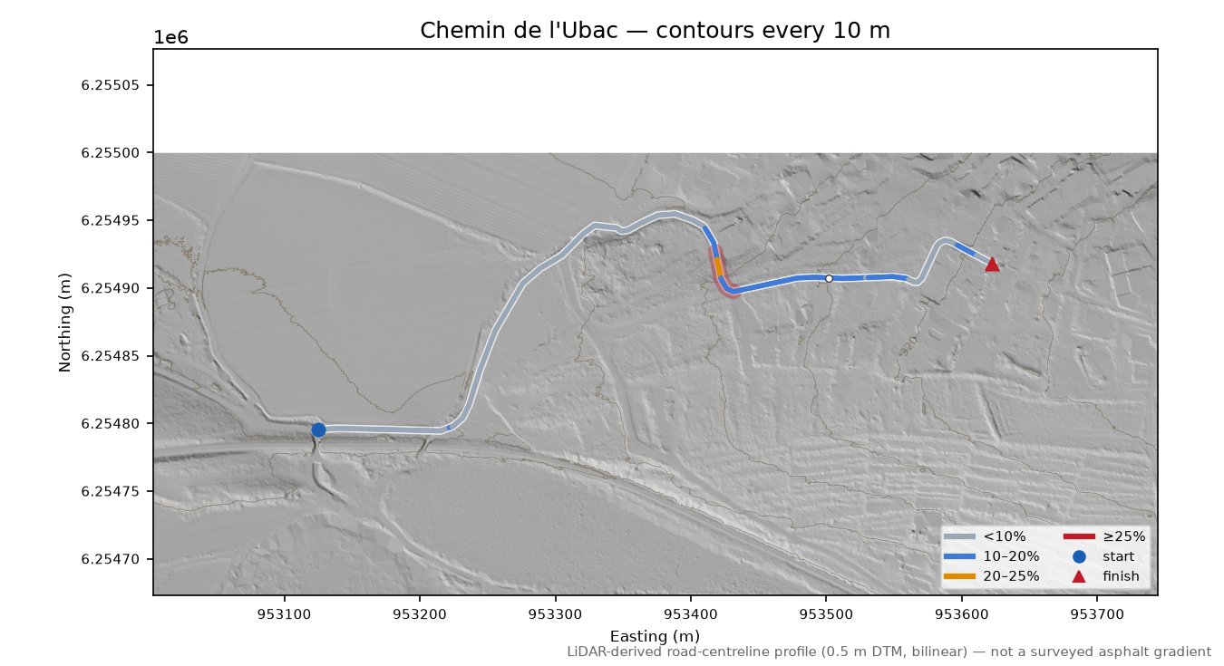 Chemin de l'Ubac LiDAR hillshade map with contours