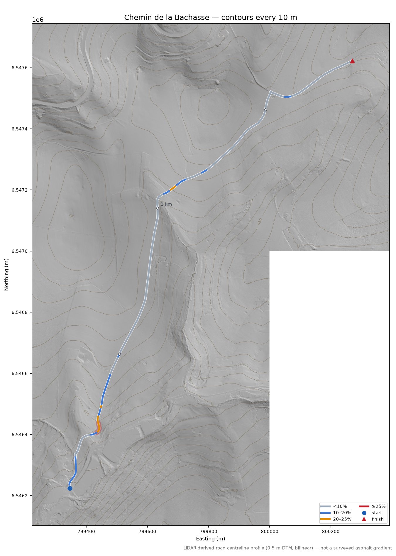Chemin de la Bachasse LiDAR hillshade map with contours
