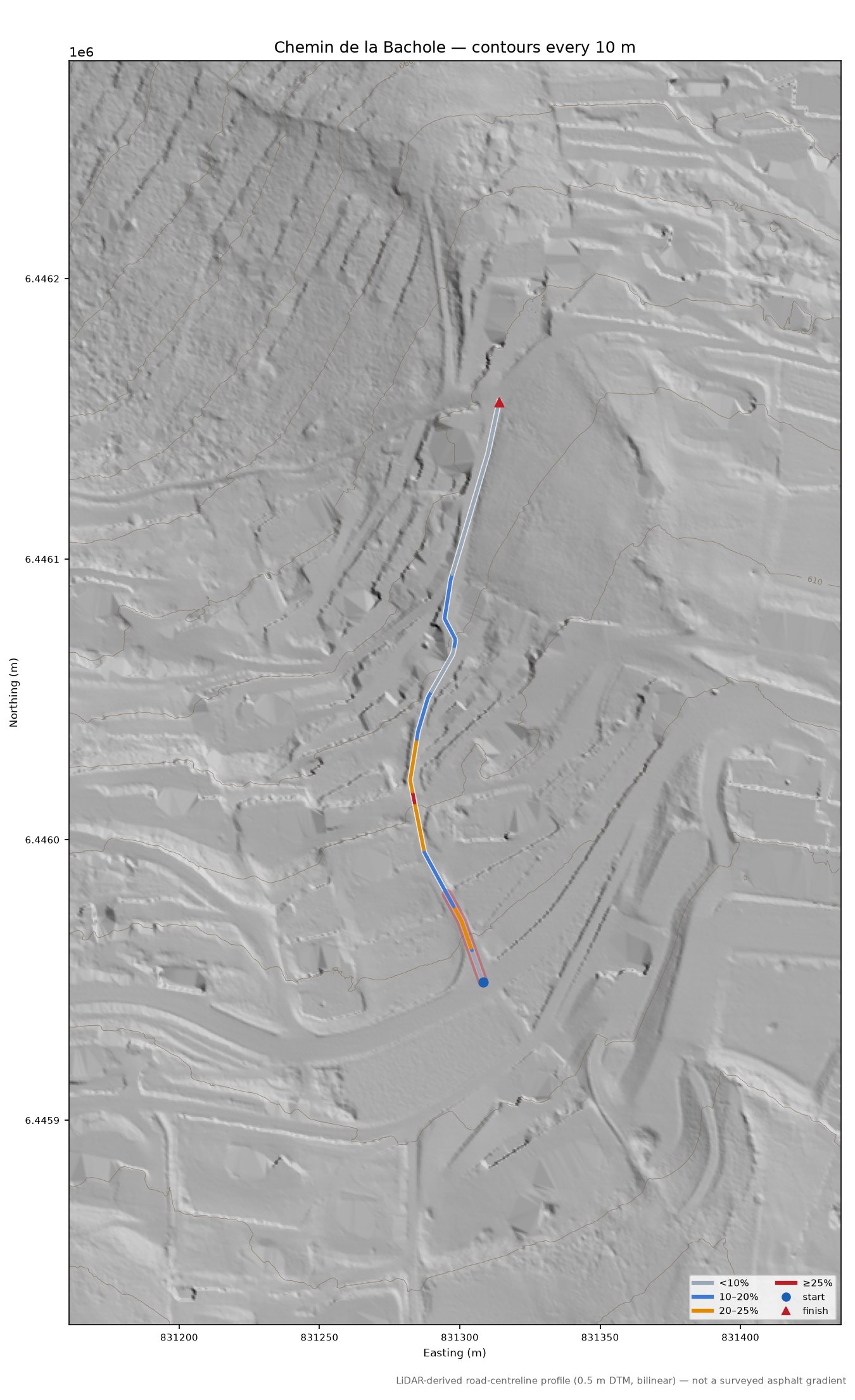 Chemin de la Bachole LiDAR hillshade map with contours