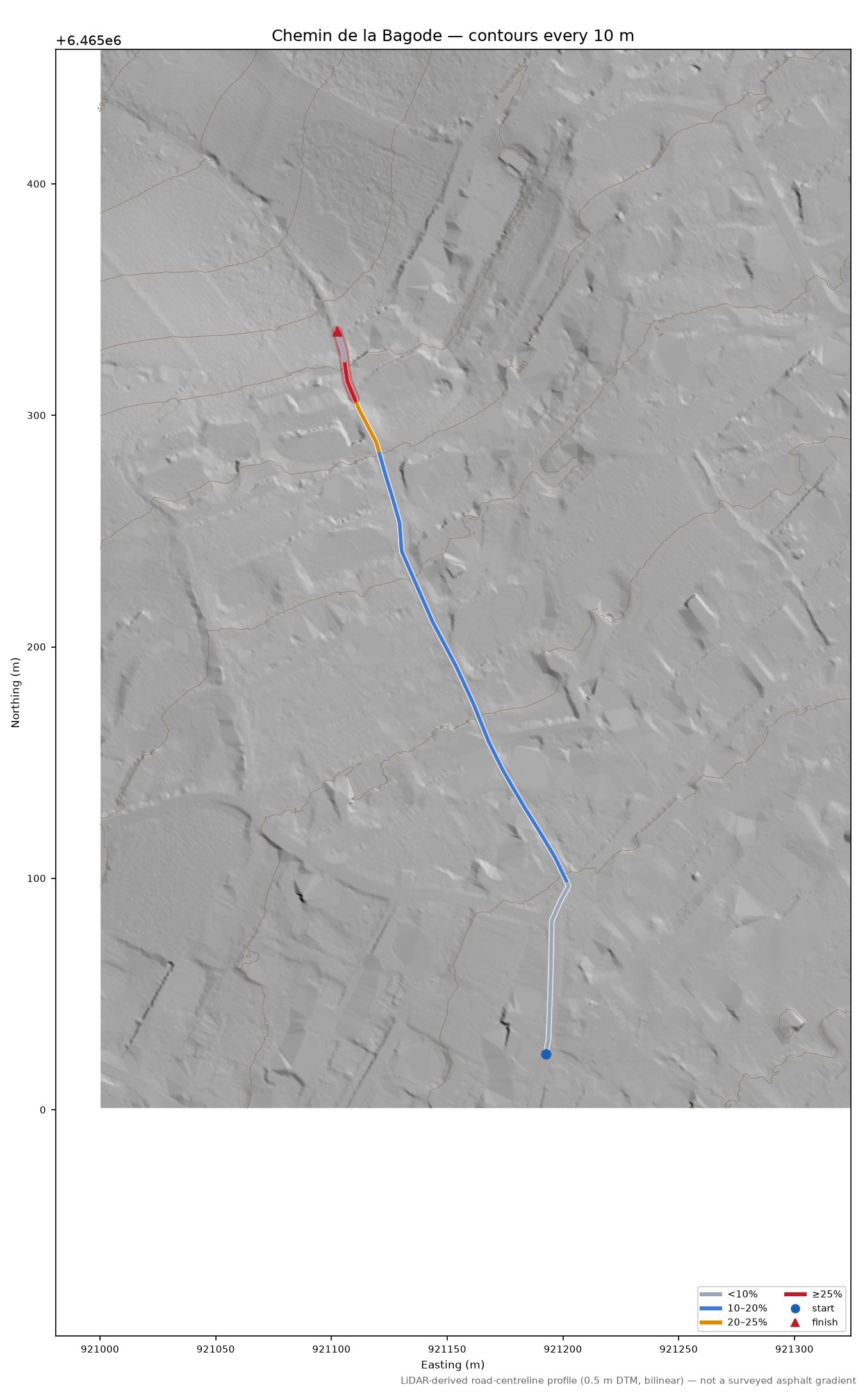 Chemin de la Bagode LiDAR hillshade map with contours