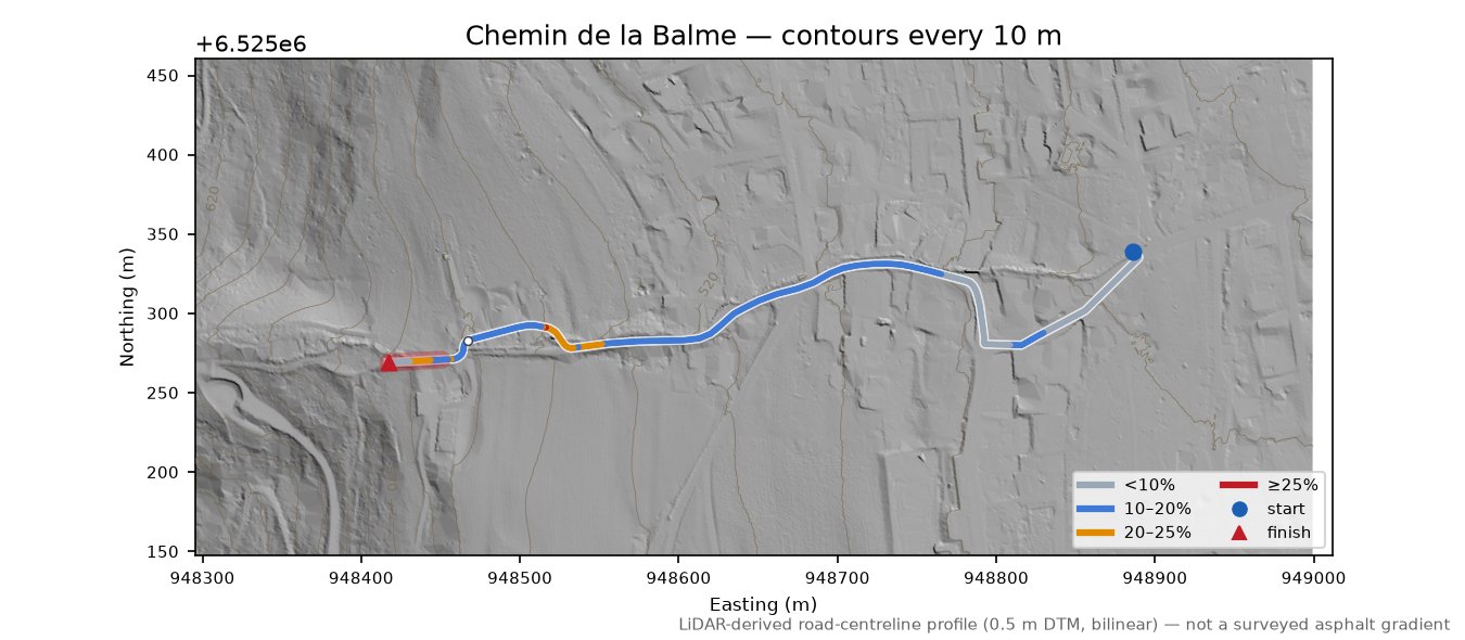Chemin de la Balme LiDAR hillshade map with contours