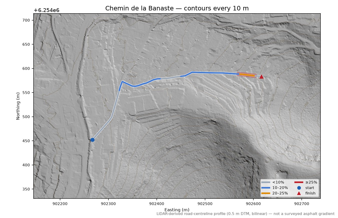 Chemin de la Banaste LiDAR hillshade map with contours