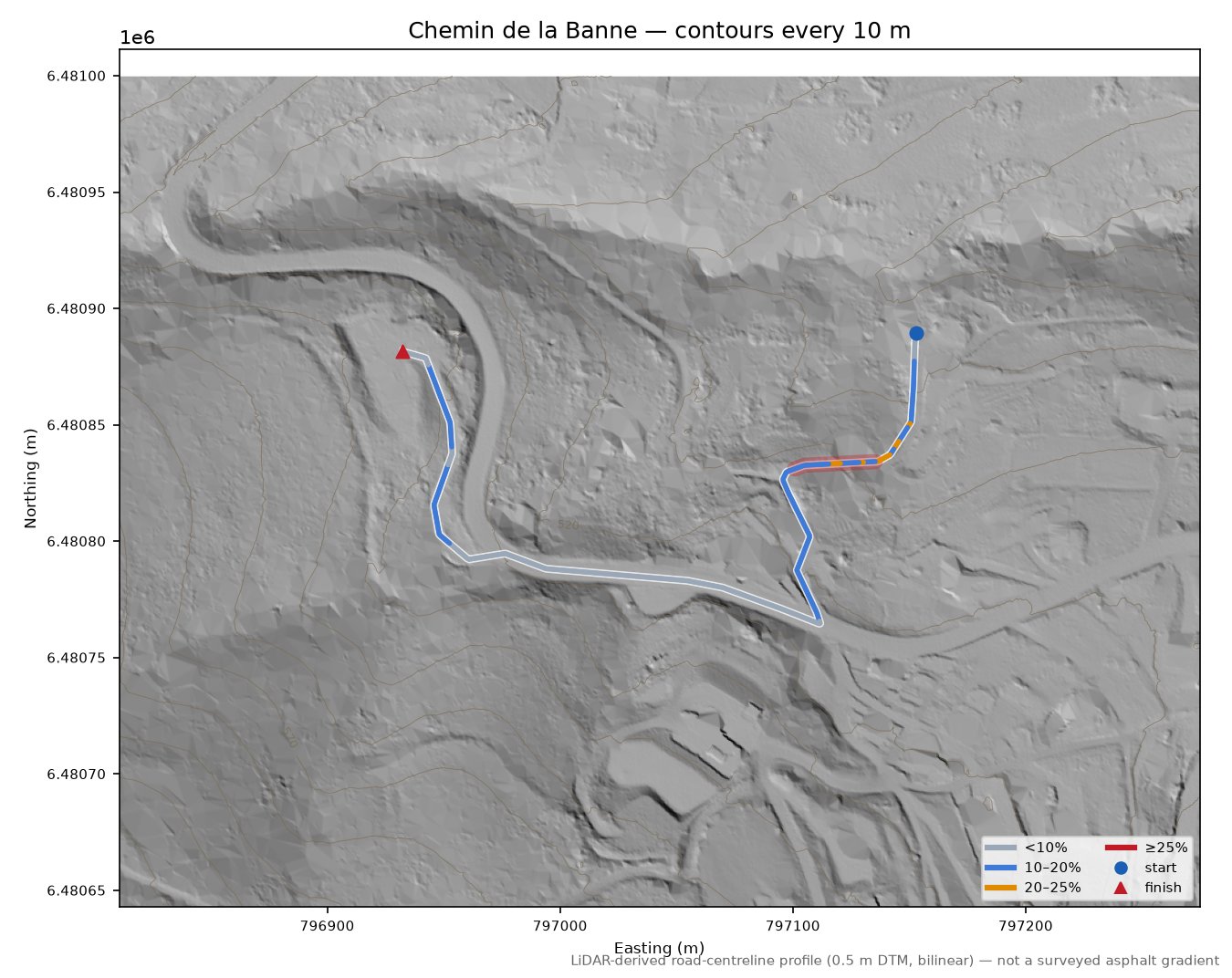 Chemin de la Banne LiDAR hillshade map with contours