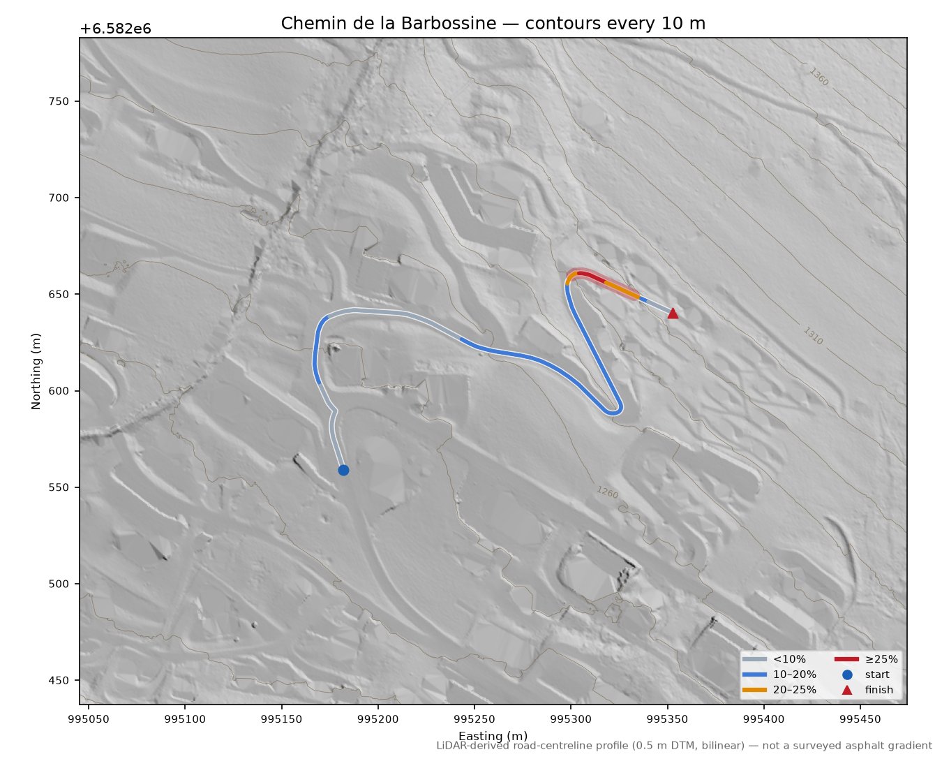 Chemin de la Barbossine LiDAR hillshade map with contours