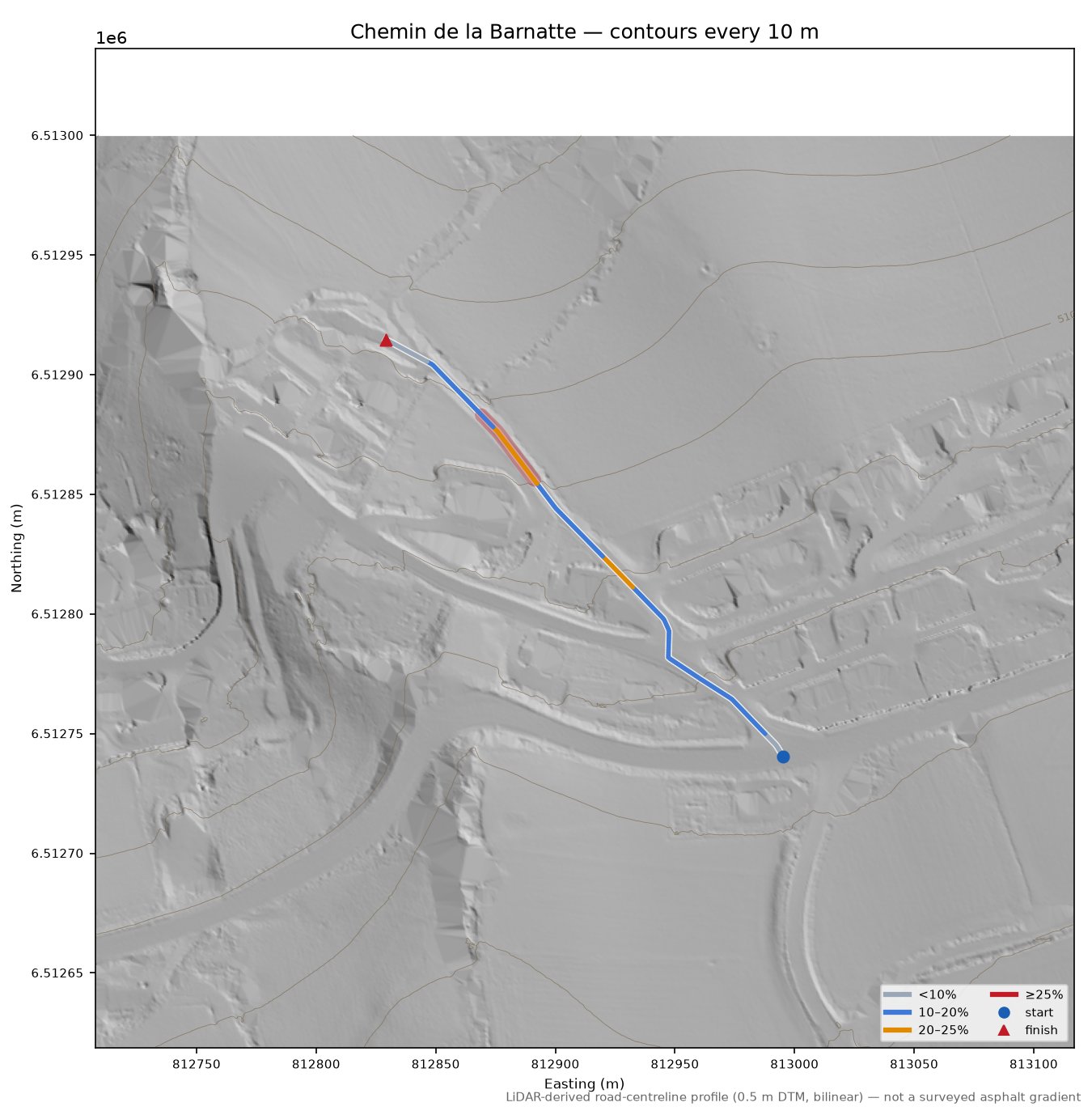 Chemin de la Barnatte LiDAR hillshade map with contours