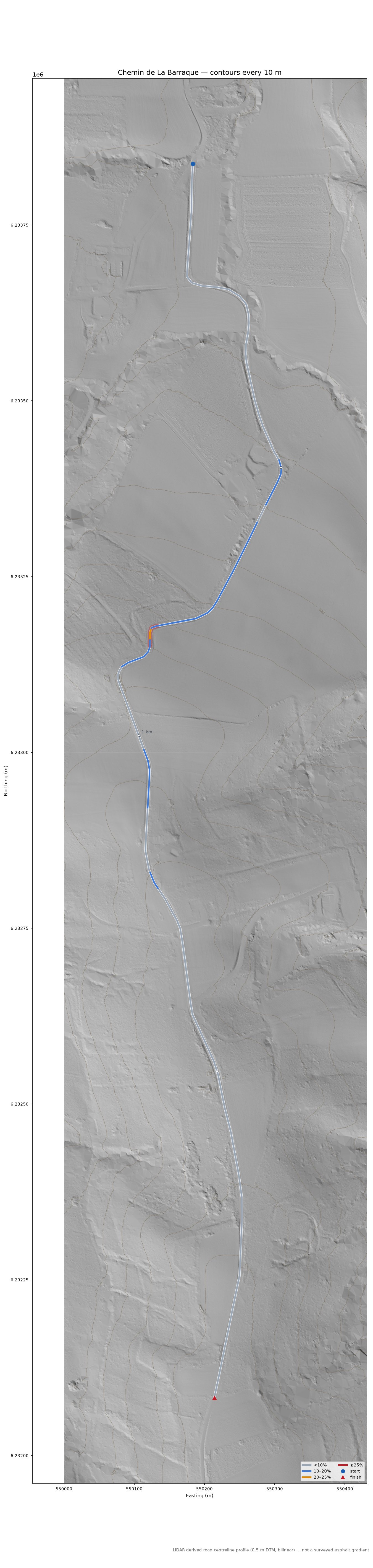 Chemin de La Barraque LiDAR hillshade map with contours