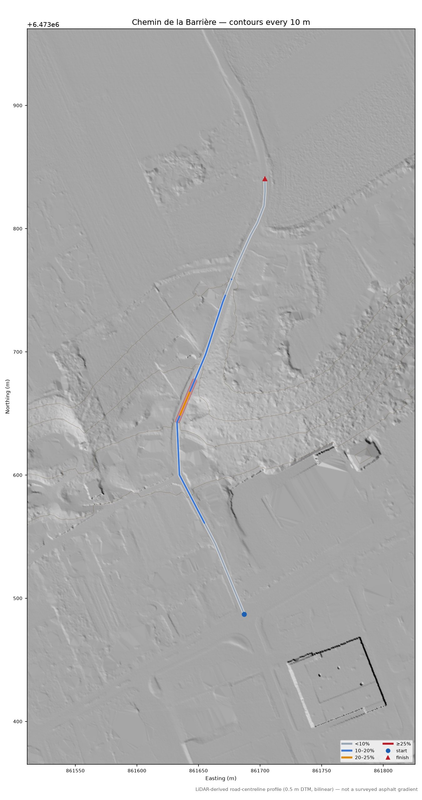 Chemin de la Barrière LiDAR hillshade map with contours