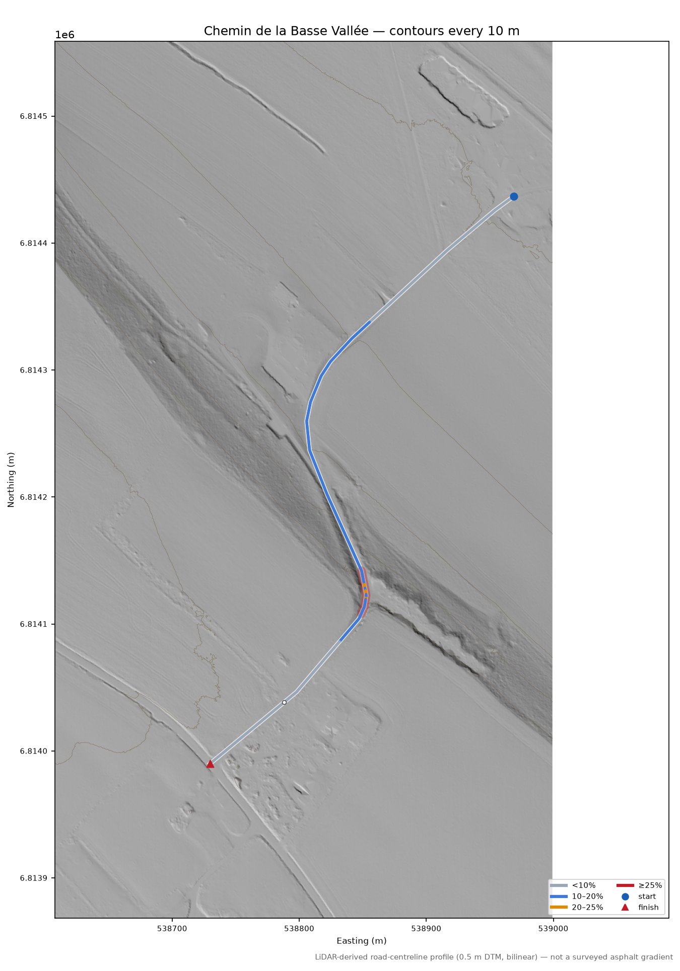 Chemin de la Basse Vallée LiDAR hillshade map with contours