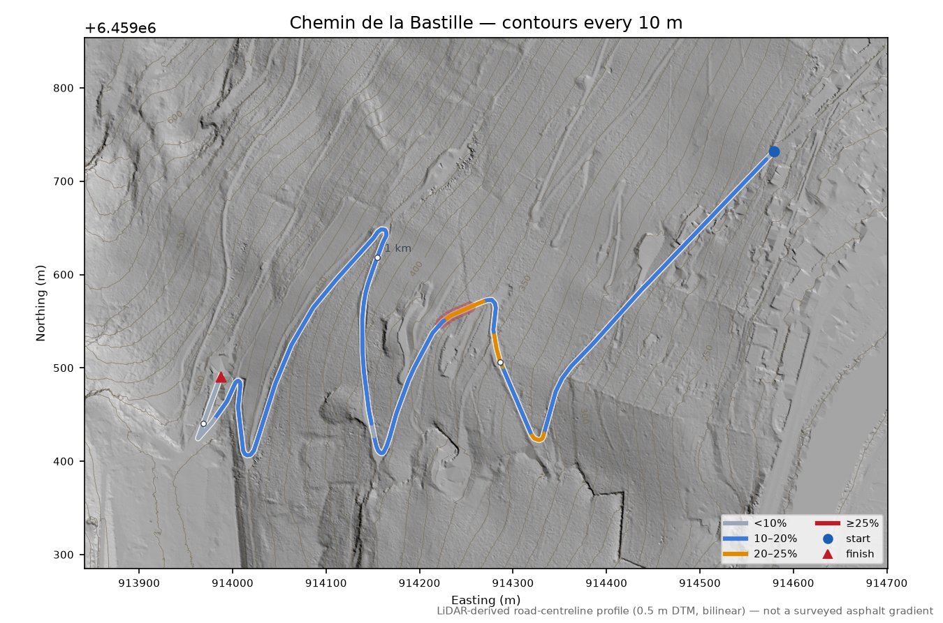 Chemin de la Bastille LiDAR hillshade map with contours