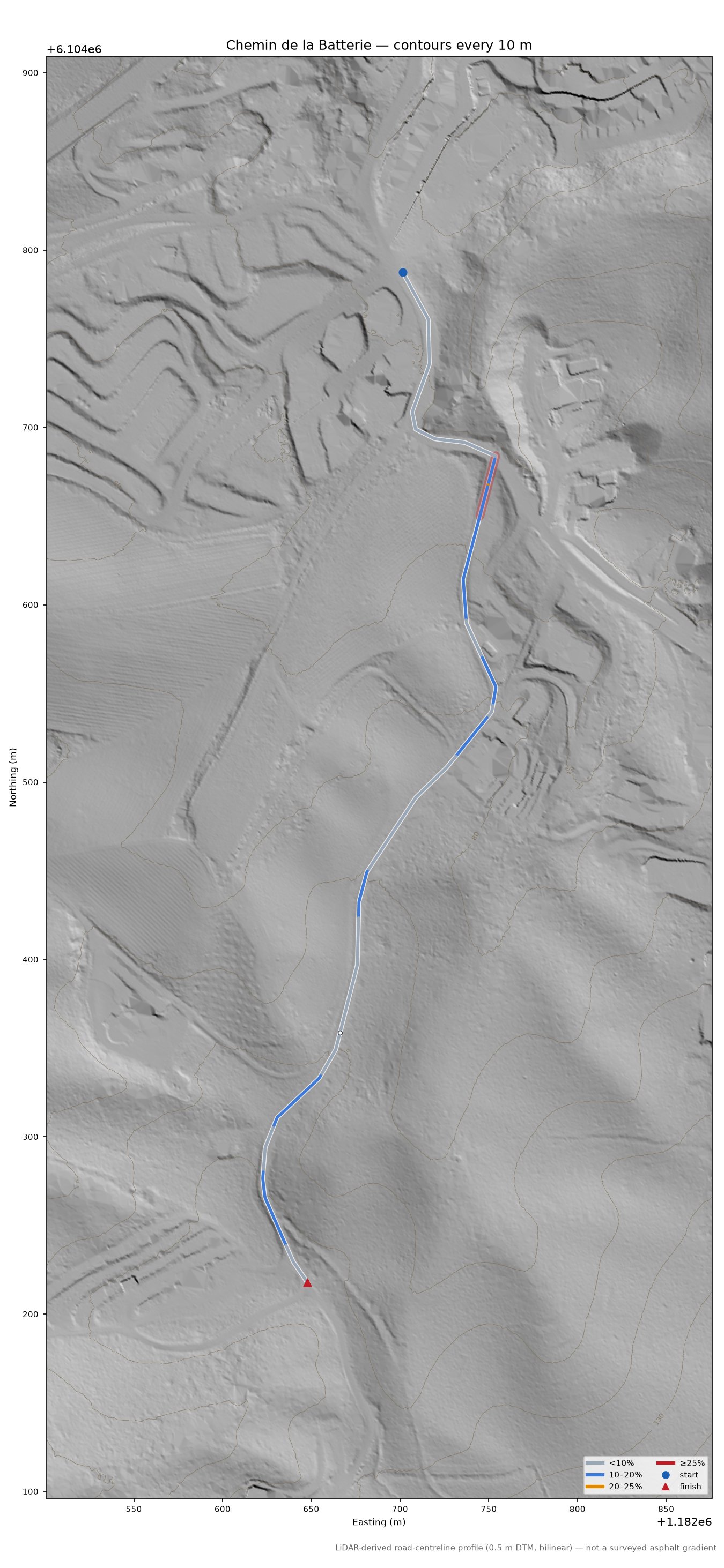 Chemin de la Batterie LiDAR hillshade map with contours