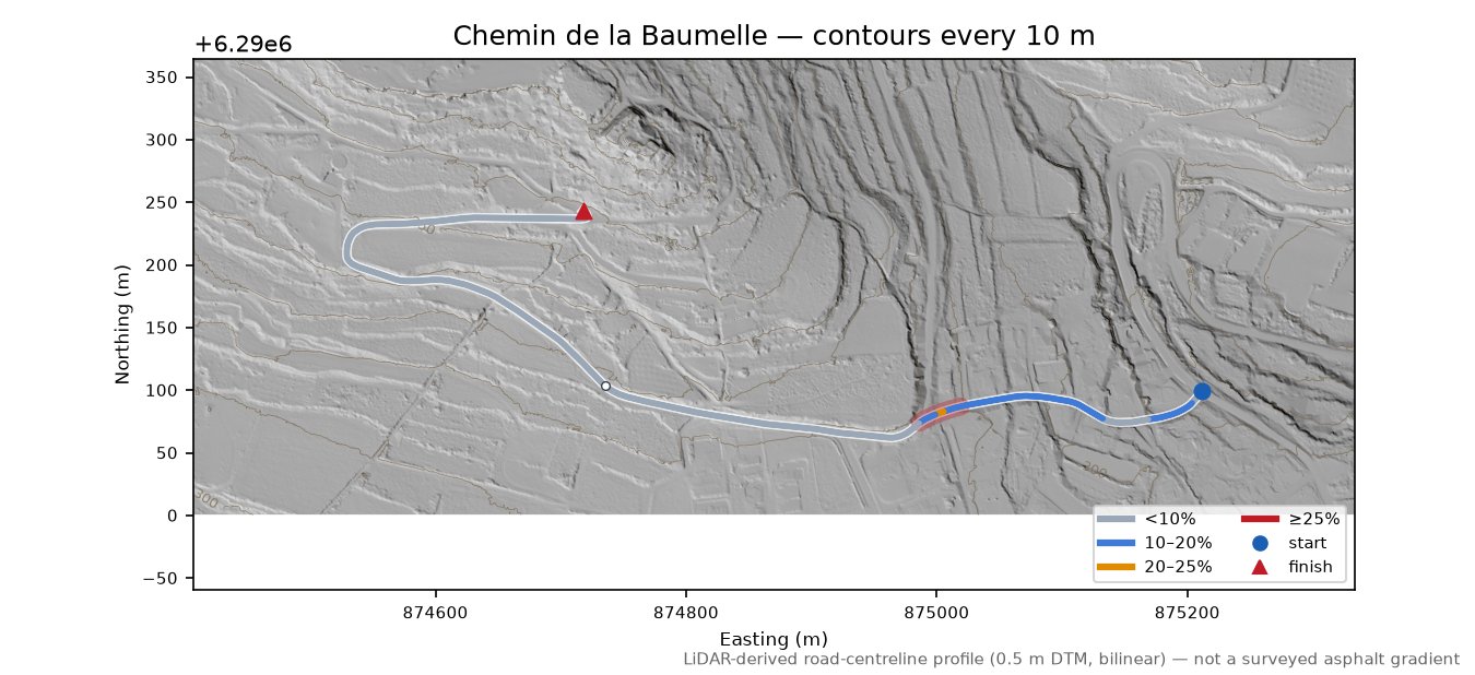 Chemin de la Baumelle LiDAR hillshade map with contours