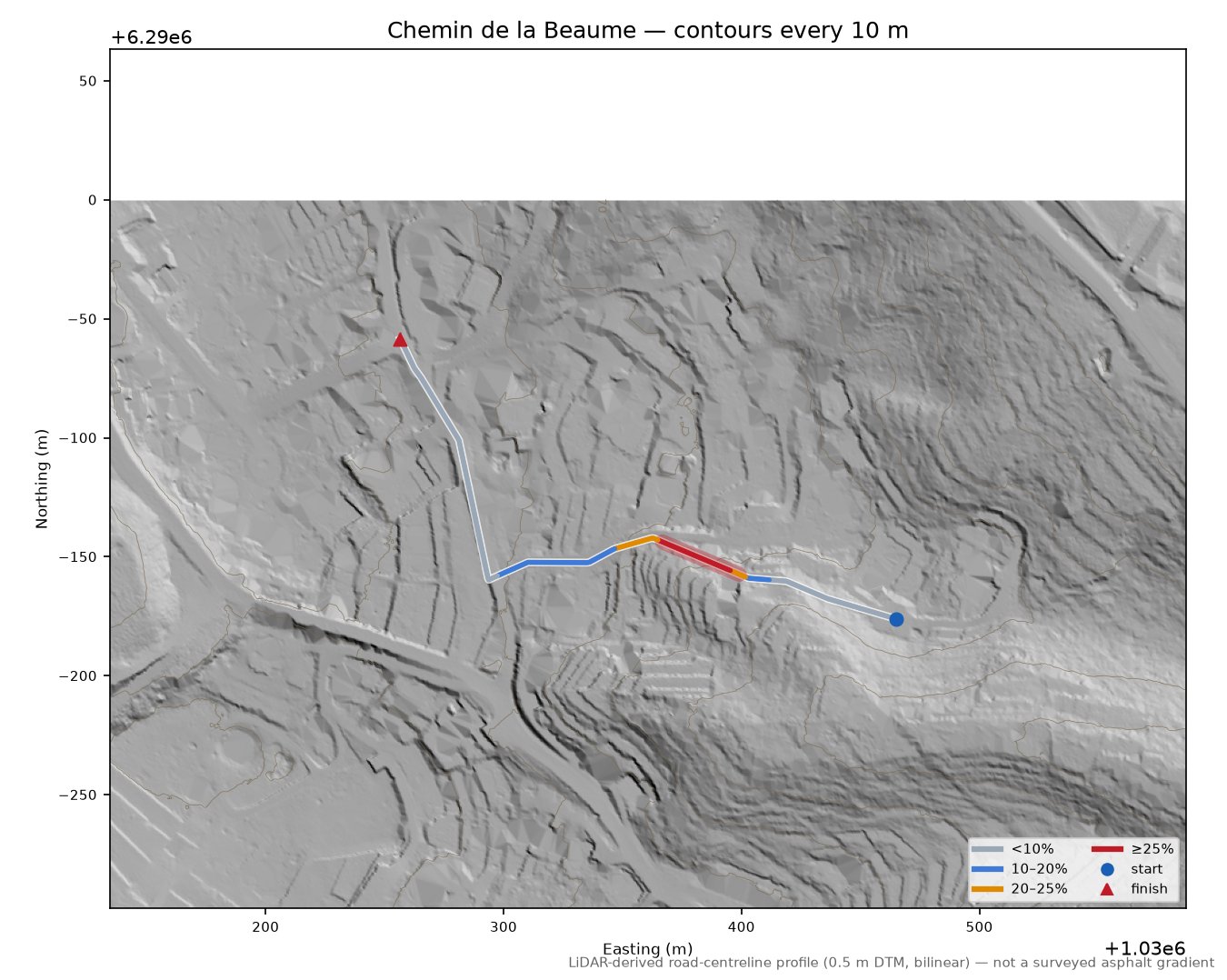 Chemin de la Beaume LiDAR hillshade map with contours