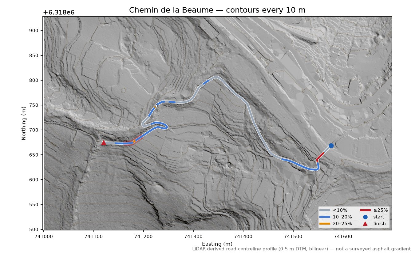 Chemin de la Beaume LiDAR hillshade map with contours