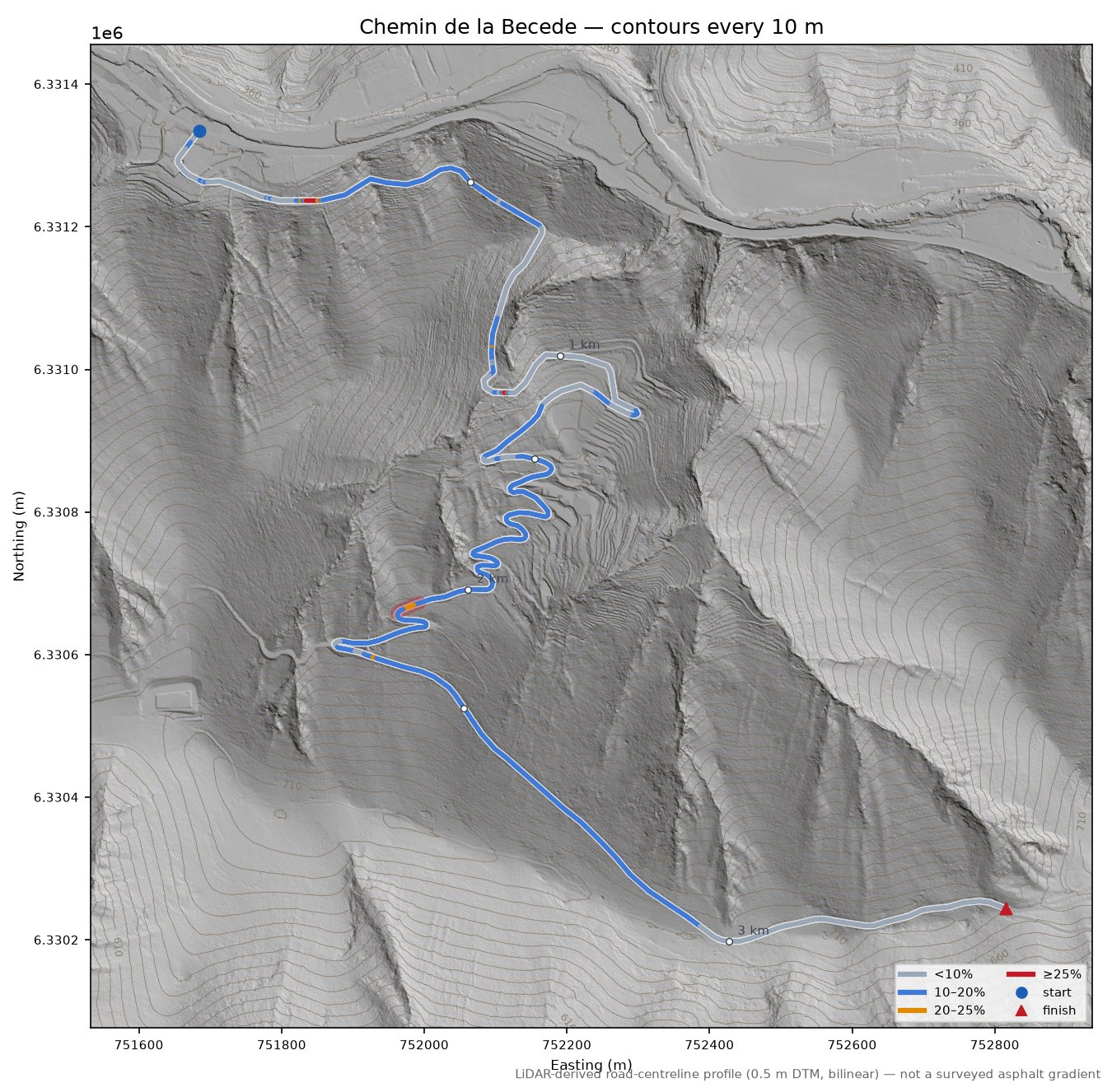 Chemin de la Becede LiDAR hillshade map with contours