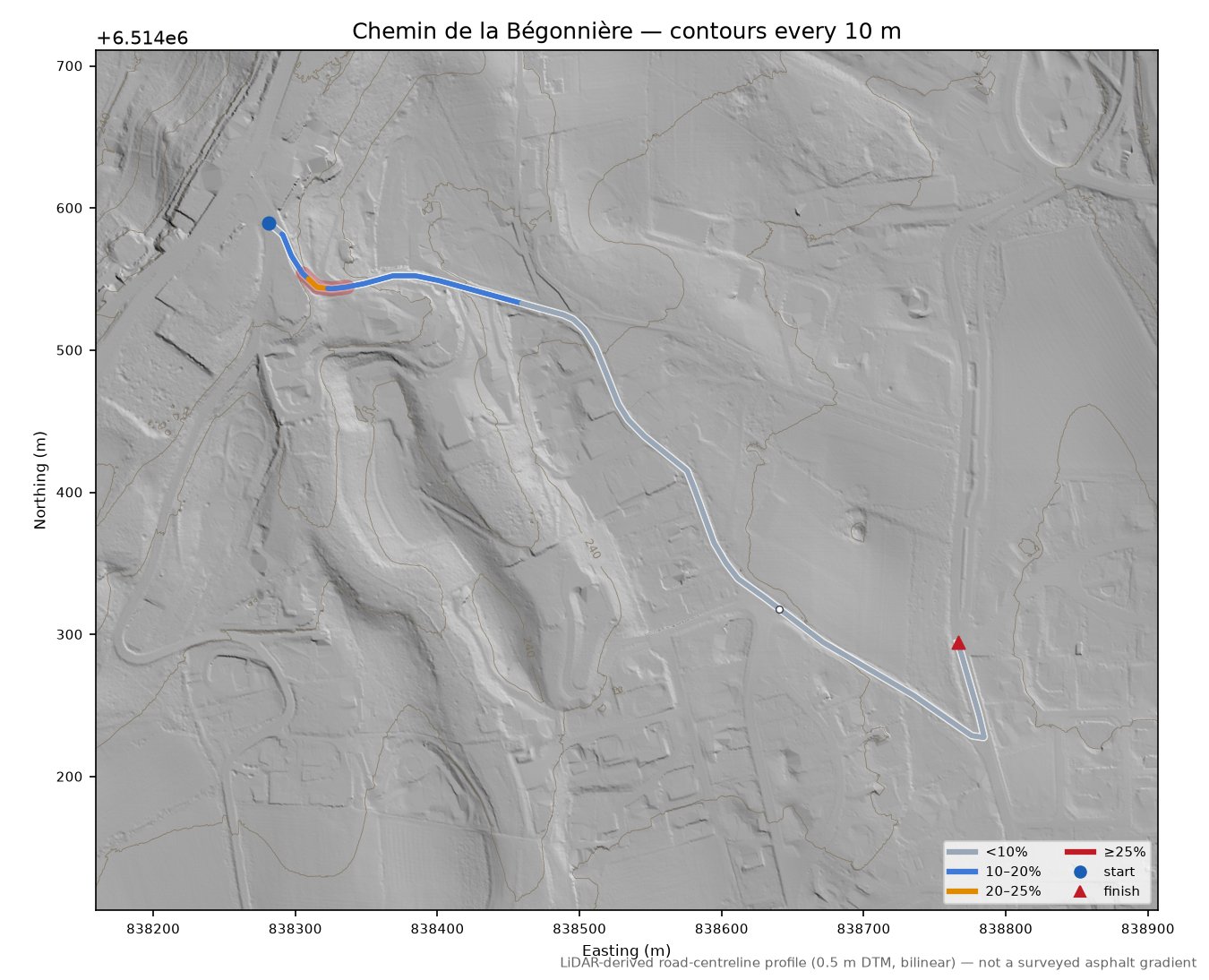 Chemin de la Bégonnière LiDAR hillshade map with contours