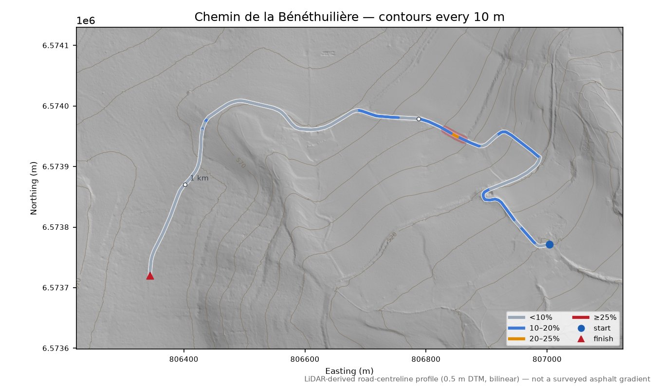 Chemin de la Bénéthuilière LiDAR hillshade map with contours