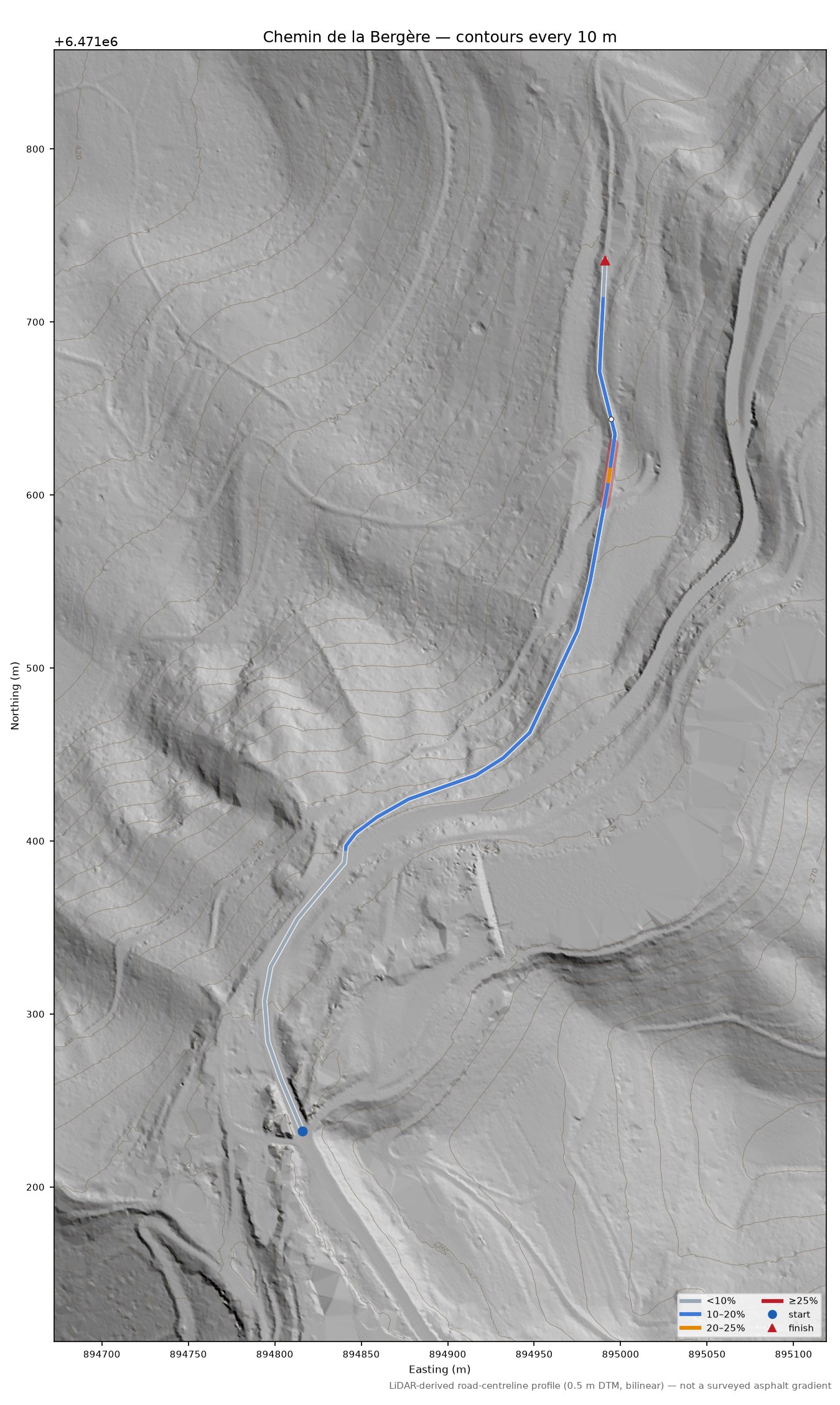 Chemin de la Bergère LiDAR hillshade map with contours