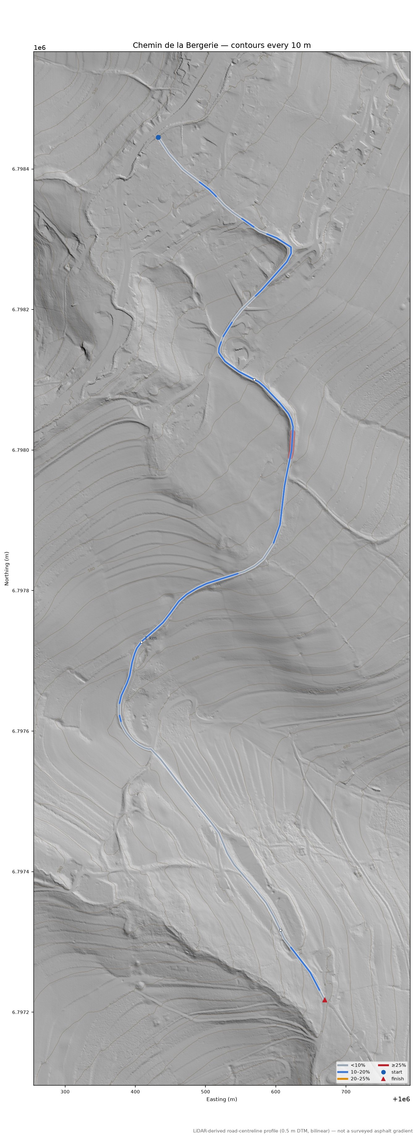 Chemin de la Bergerie LiDAR hillshade map with contours