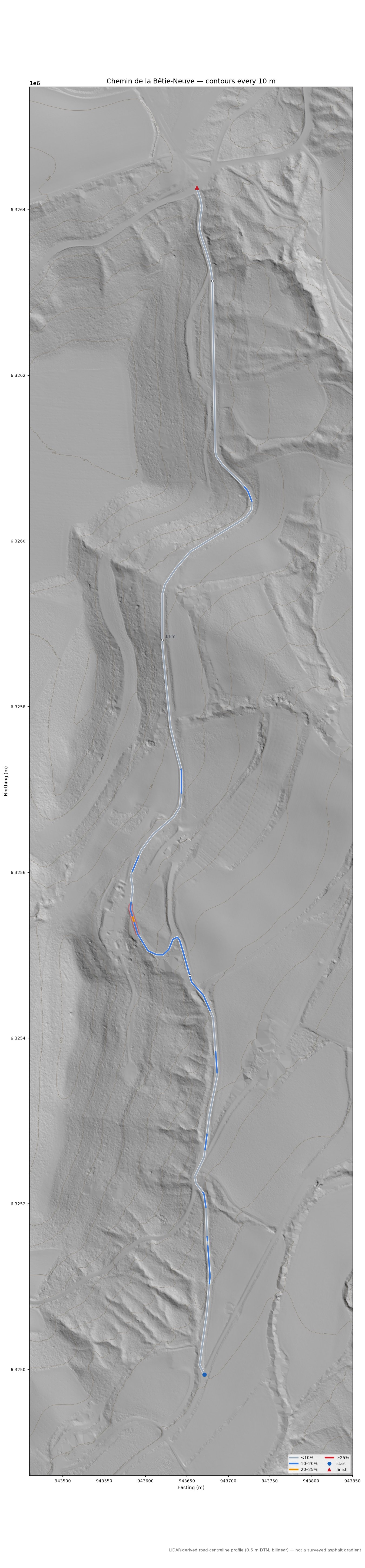 Chemin de la Bêtie-Neuve LiDAR hillshade map with contours