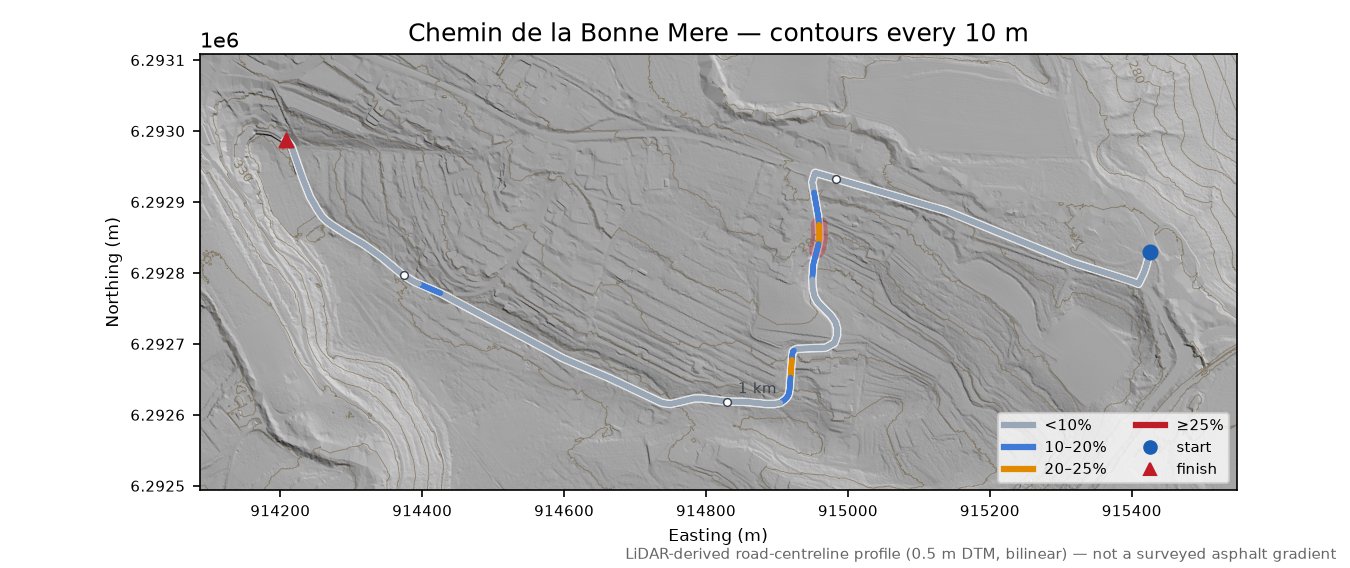 Chemin de la Bonne Mere LiDAR hillshade map with contours