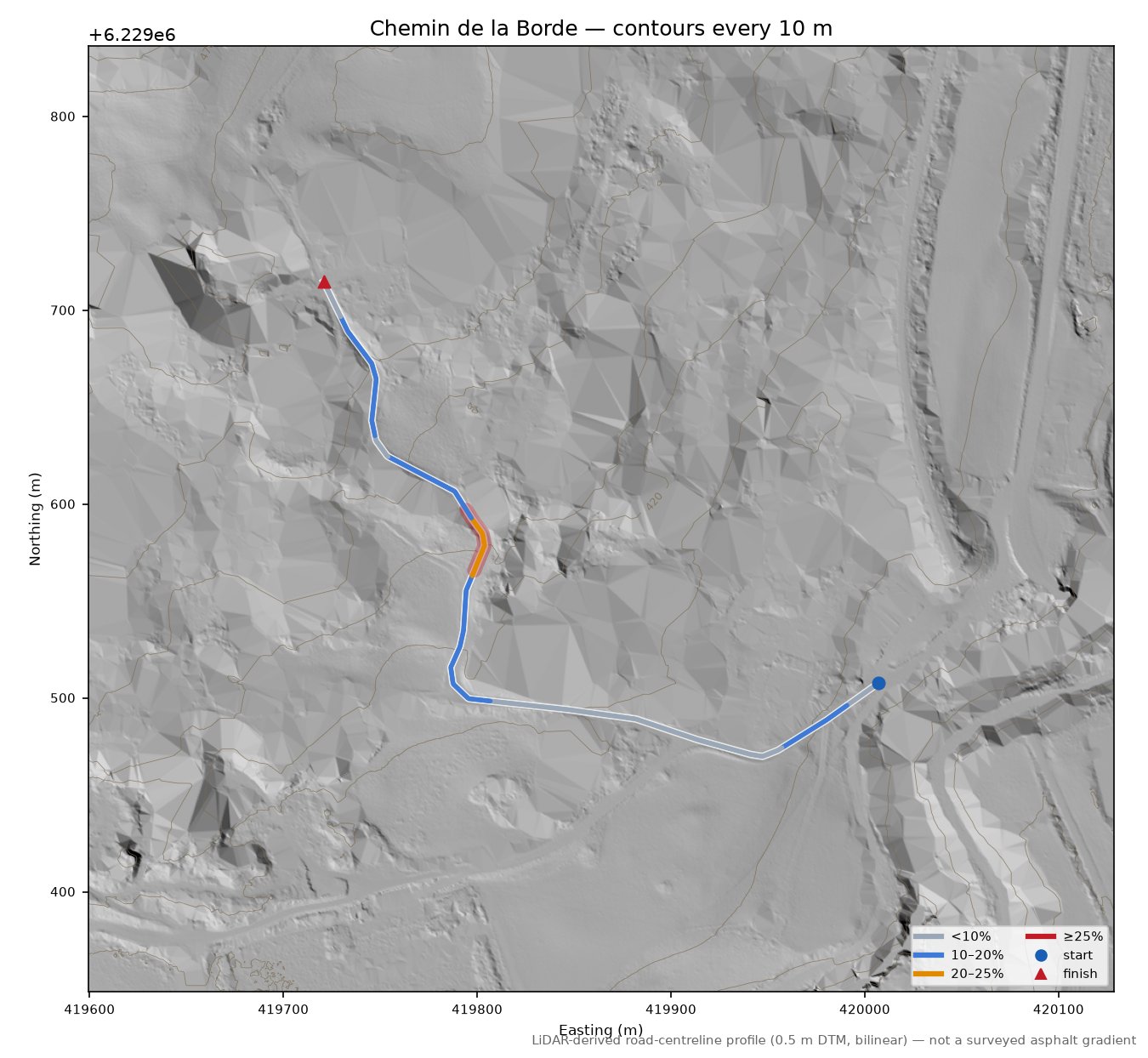 Chemin de la Borde LiDAR hillshade map with contours