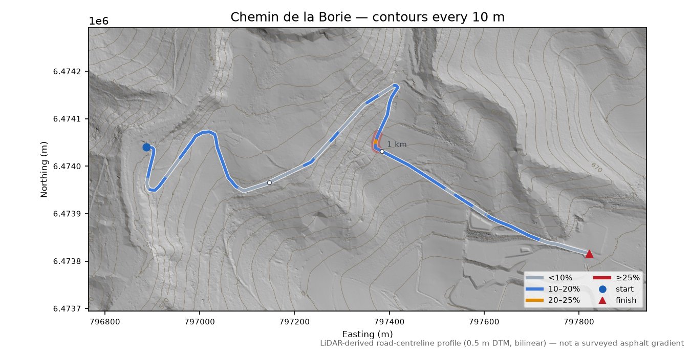 Chemin de la Borie LiDAR hillshade map with contours