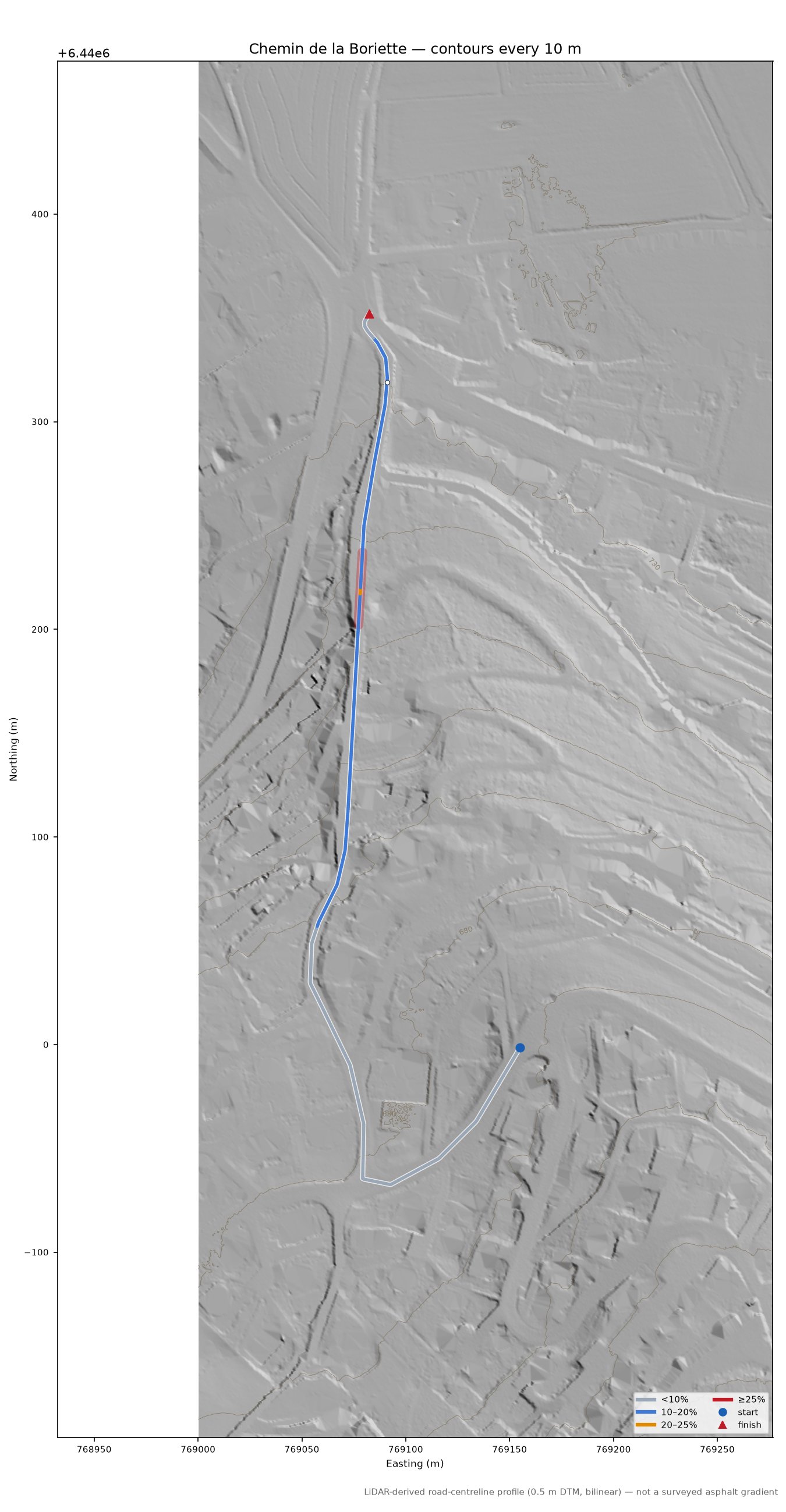 Chemin de la Boriette LiDAR hillshade map with contours