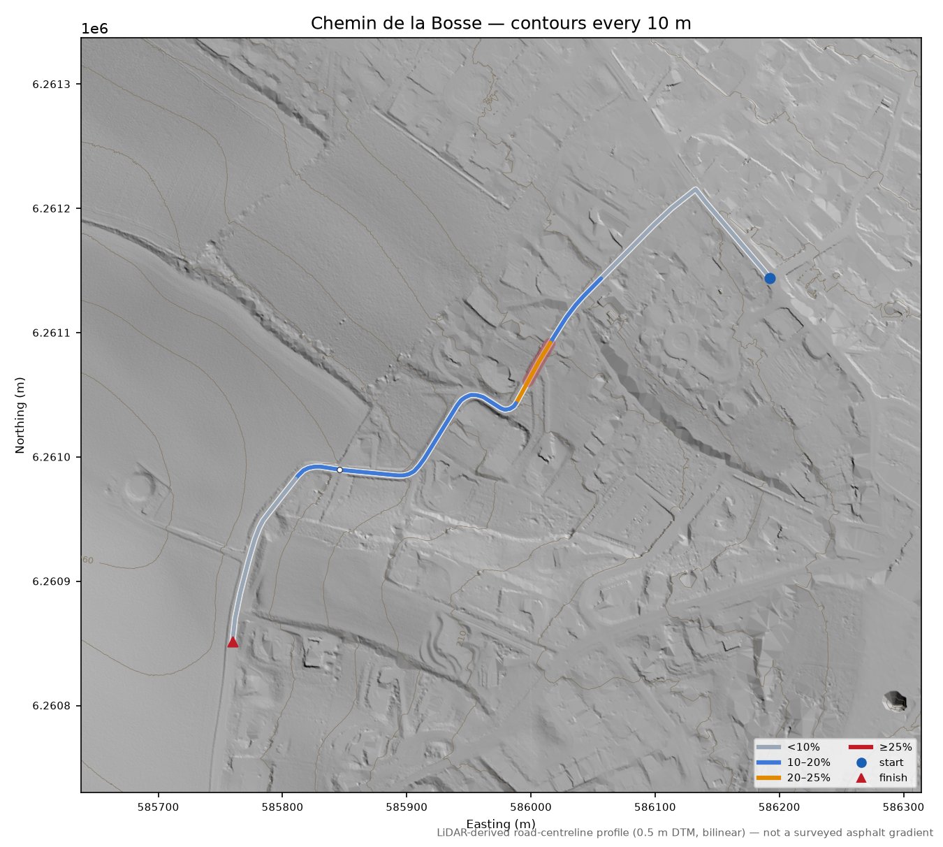 Chemin de la Bosse LiDAR hillshade map with contours