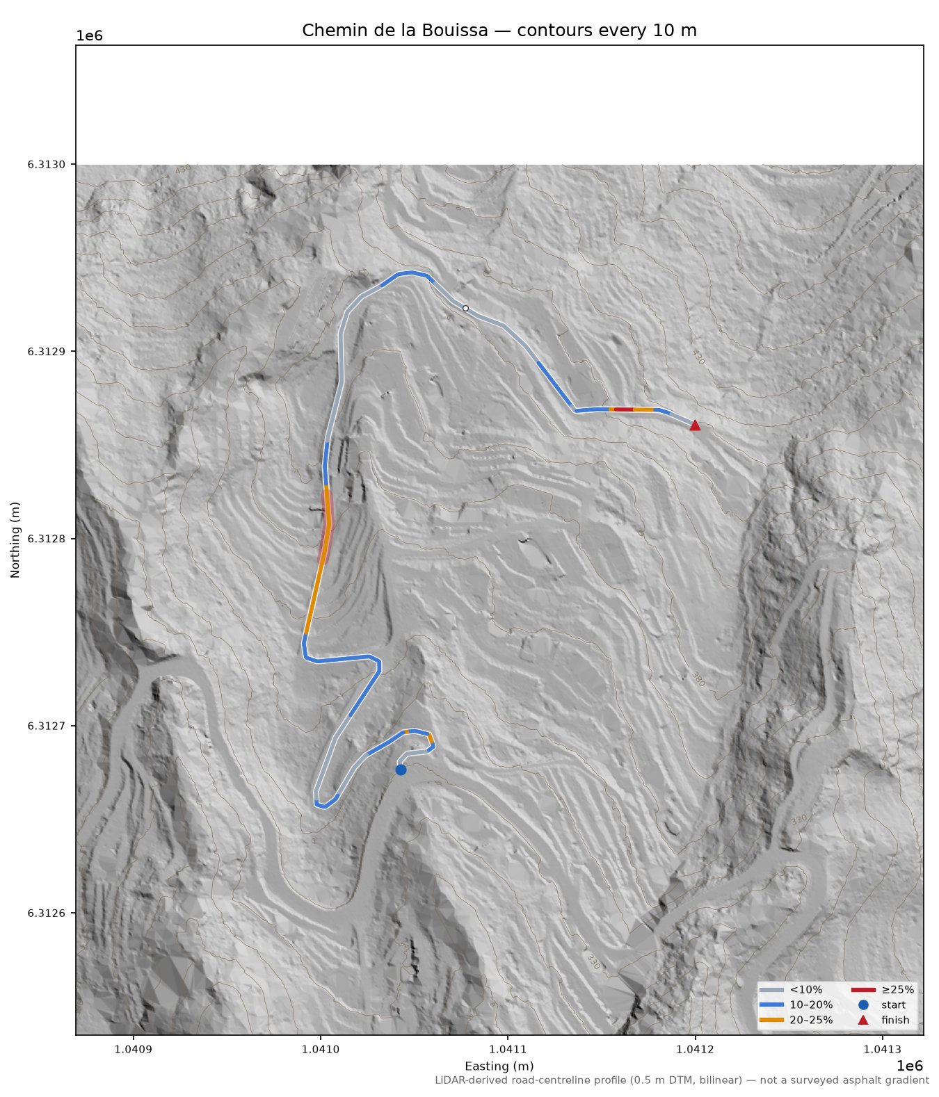 Chemin de la Bouissa LiDAR hillshade map with contours