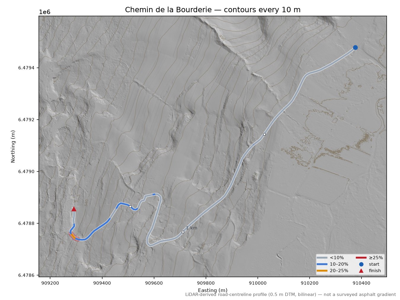 Chemin de la Bourderie LiDAR hillshade map with contours