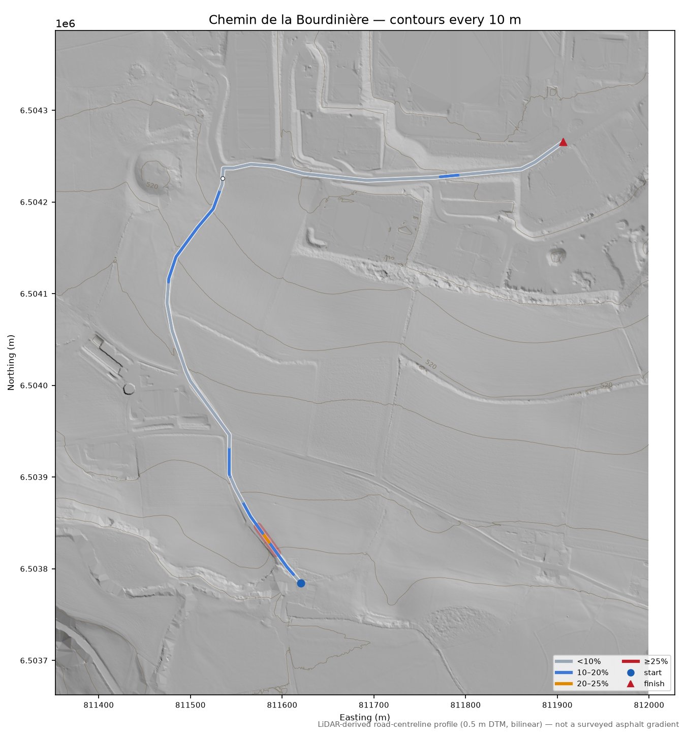 Chemin de la Bourdinière LiDAR hillshade map with contours