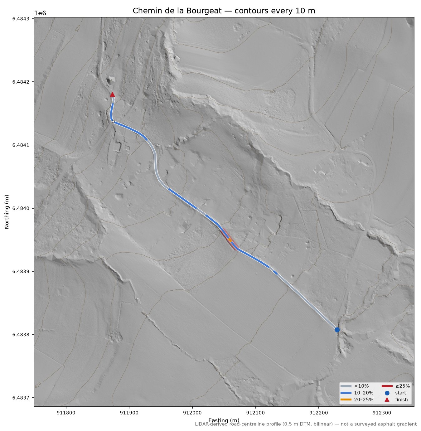 Chemin de la Bourgeat LiDAR hillshade map with contours