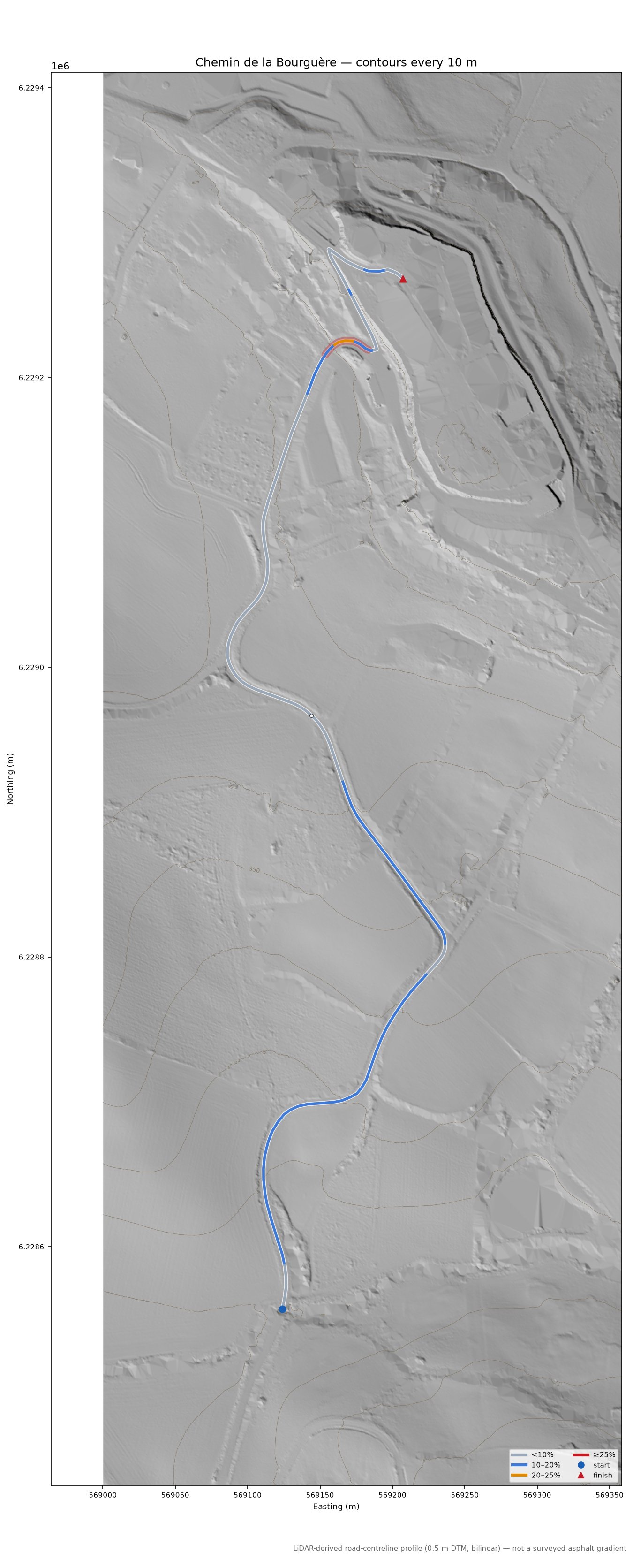 Chemin de la Bourguère LiDAR hillshade map with contours