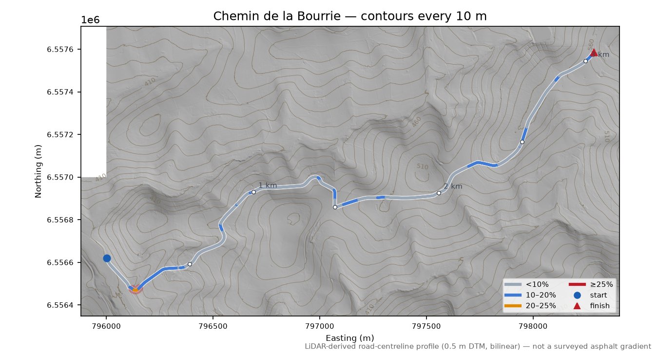 Chemin de la Bourrie LiDAR hillshade map with contours