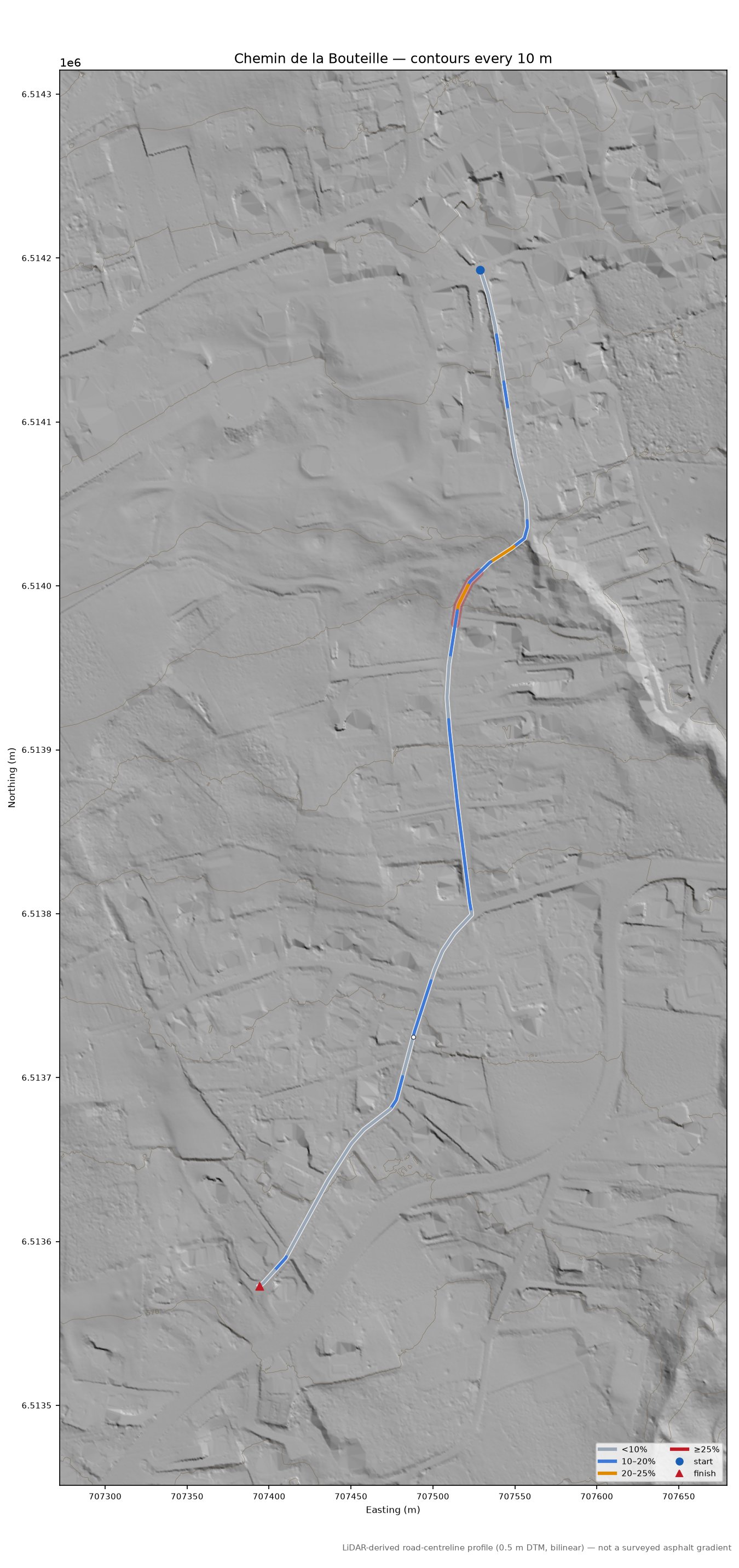 Chemin de la Bouteille LiDAR hillshade map with contours