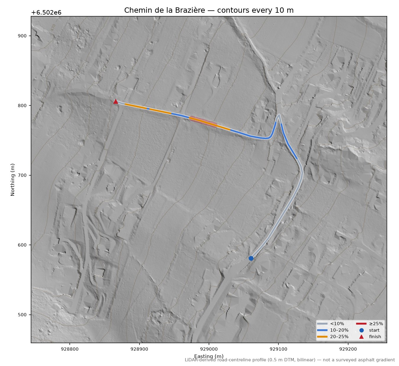 Chemin de la Brazière LiDAR hillshade map with contours