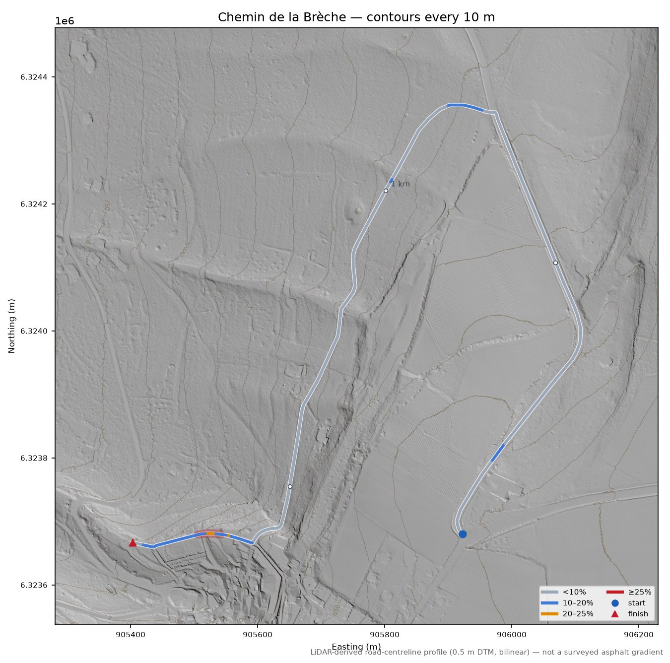 Chemin de la Brèche LiDAR hillshade map with contours