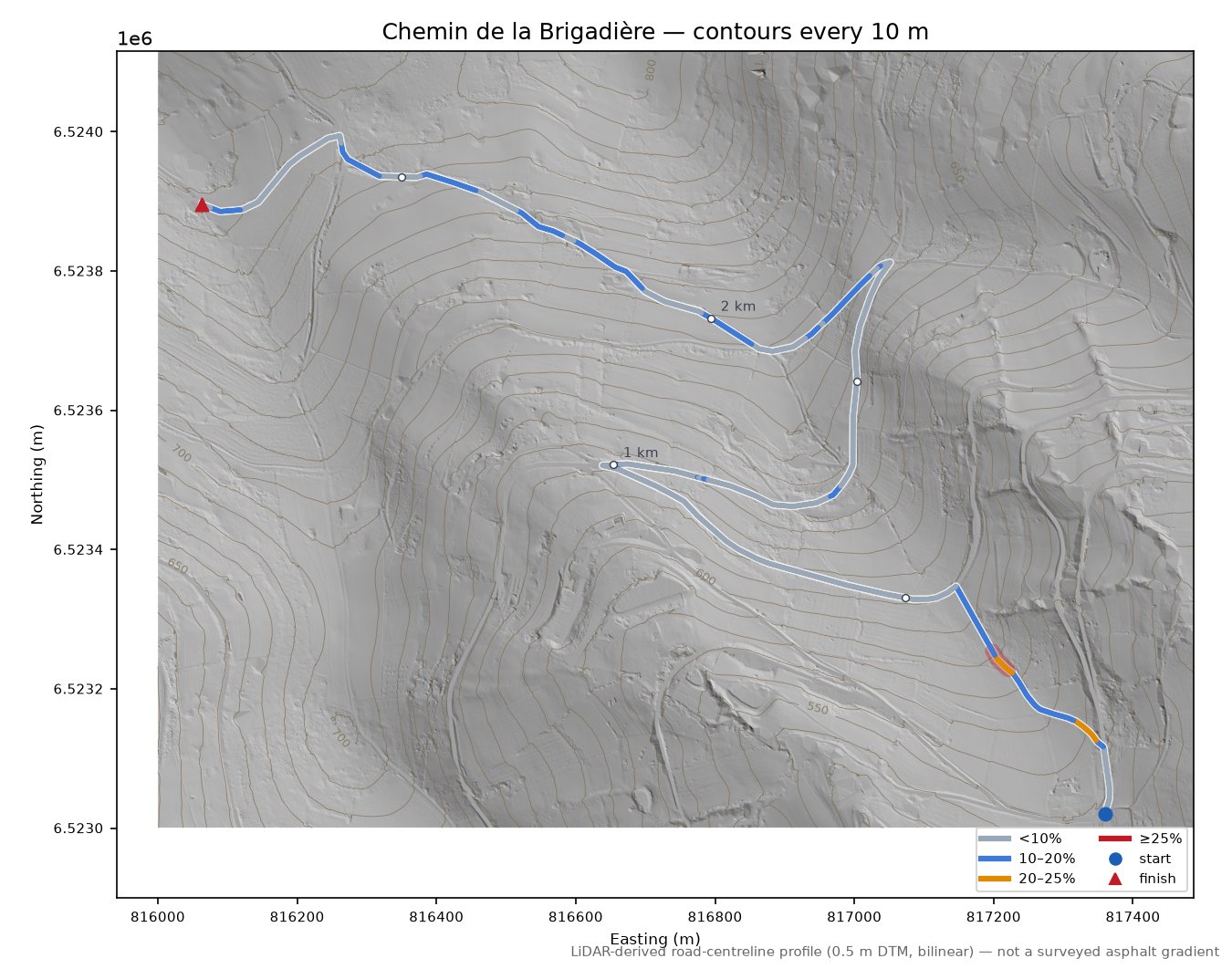 Chemin de la Brigadière LiDAR hillshade map with contours