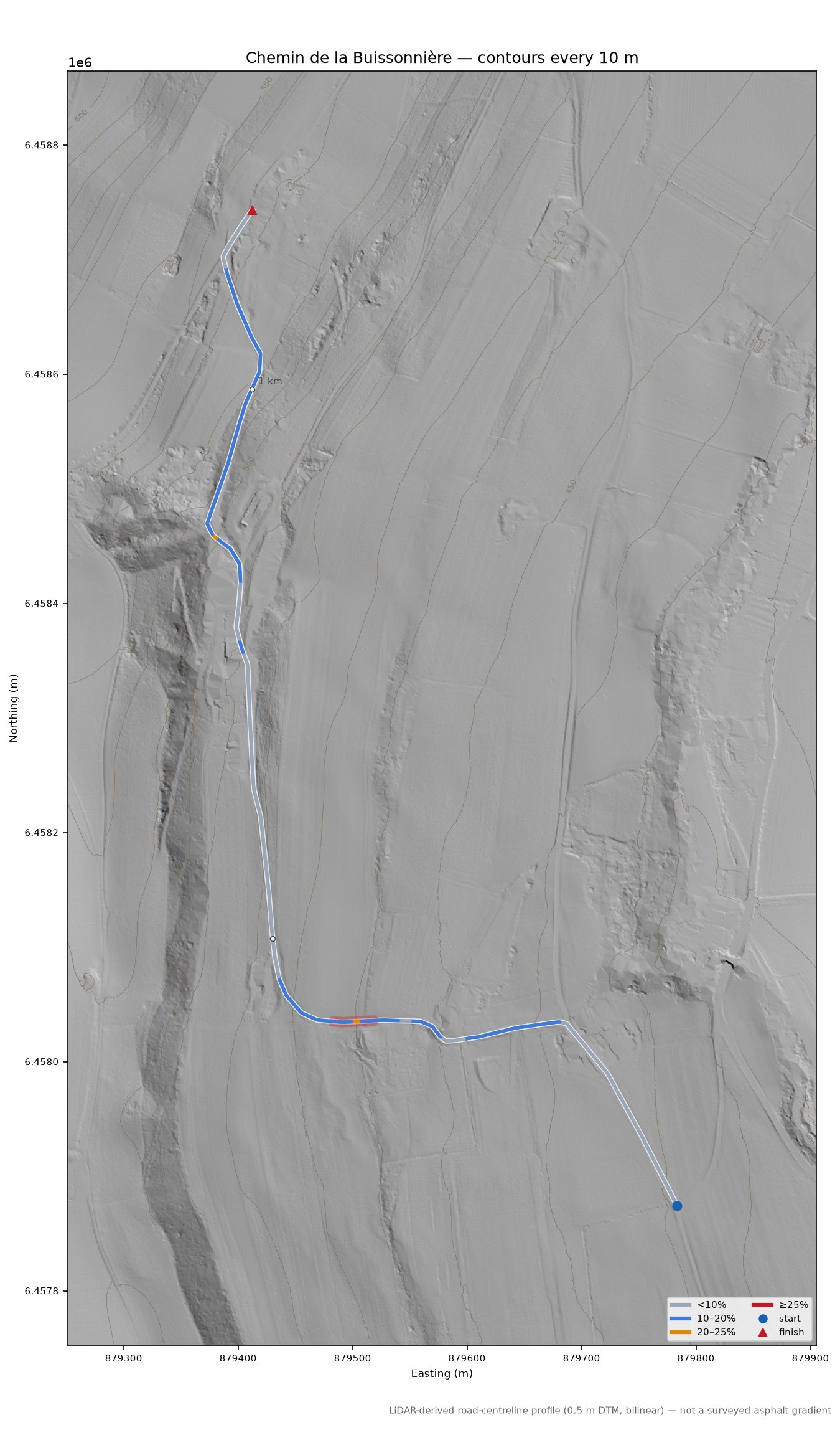 Chemin de la Buissonnière LiDAR hillshade map with contours