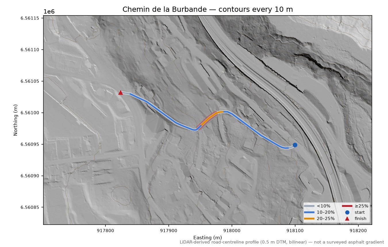 Chemin de la Burbande LiDAR hillshade map with contours