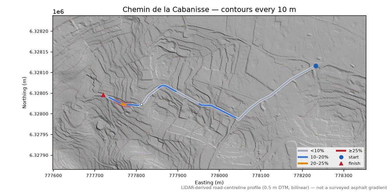 Chemin de la Cabanisse LiDAR hillshade map with contours