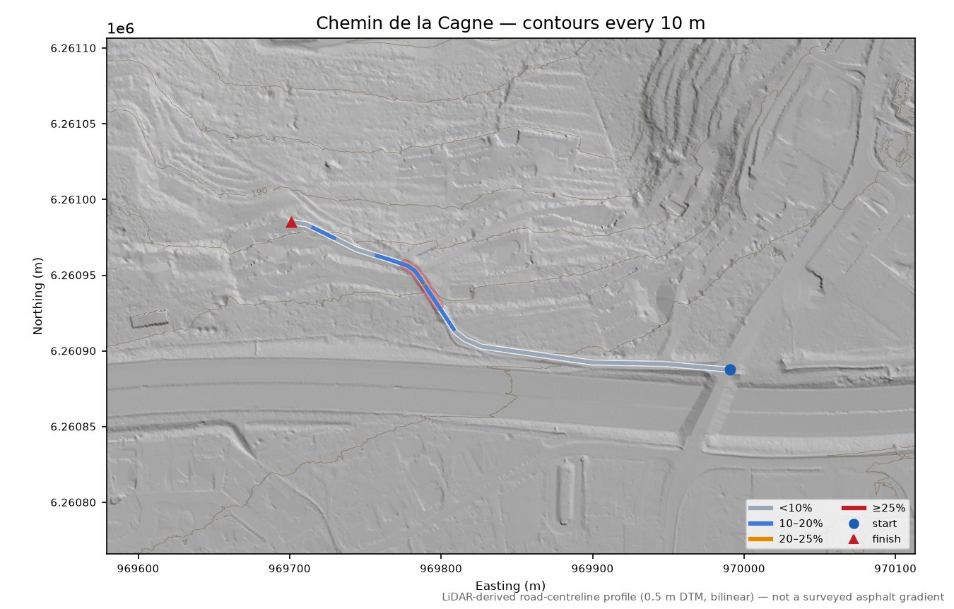 Chemin de la Cagne LiDAR hillshade map with contours