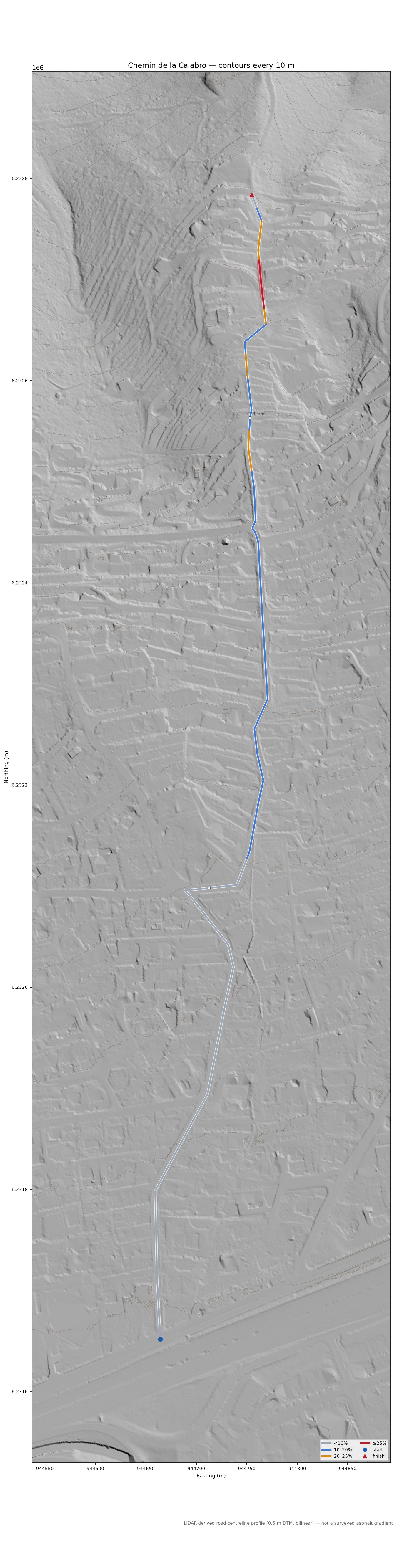 Chemin de la Calabro LiDAR hillshade map with contours