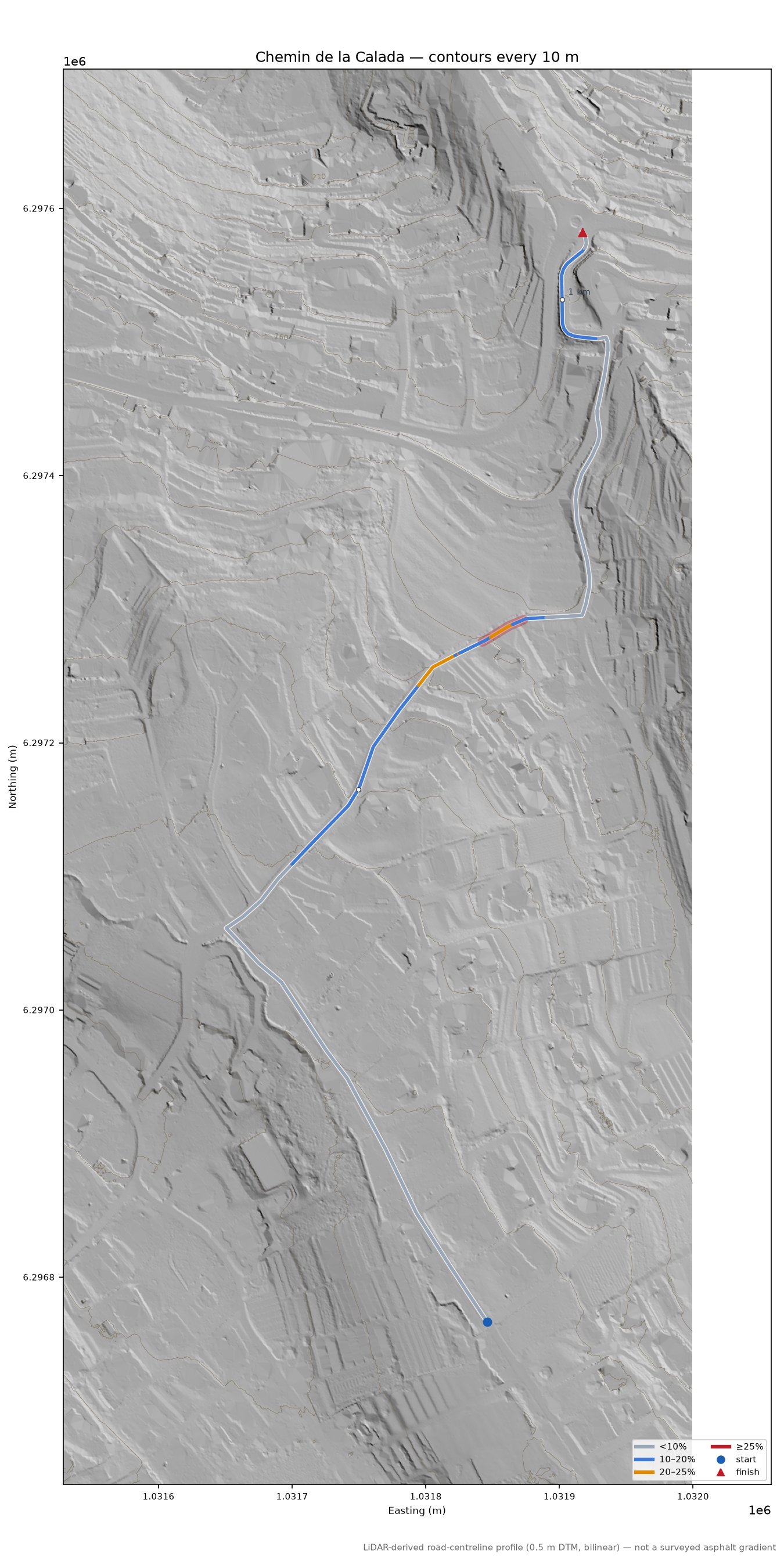 Chemin de la Calada LiDAR hillshade map with contours